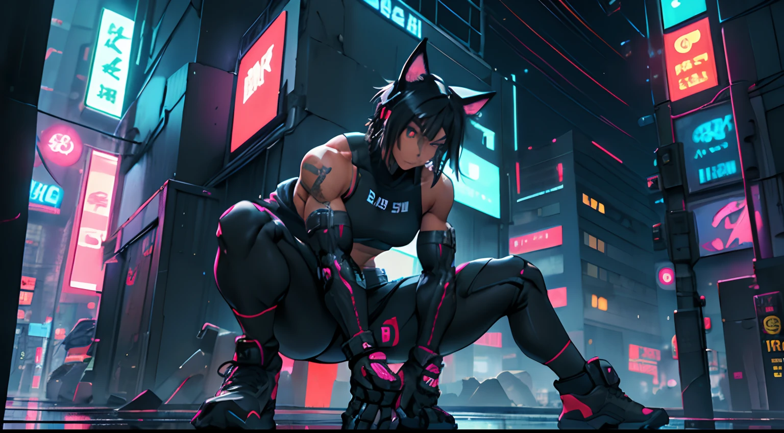 1girl, black hair, gym, athletic, robot, animal ears, large assault rifle, neon colors, colorful, kitana, noir, mystery, thick waist medium breast, muscular, tomboy, cyberpunk, nekomata, warrior, sexy outfit, looking at viewer, anime, realistic, rainy night city, dark skin, sitting on building roof, black, blue