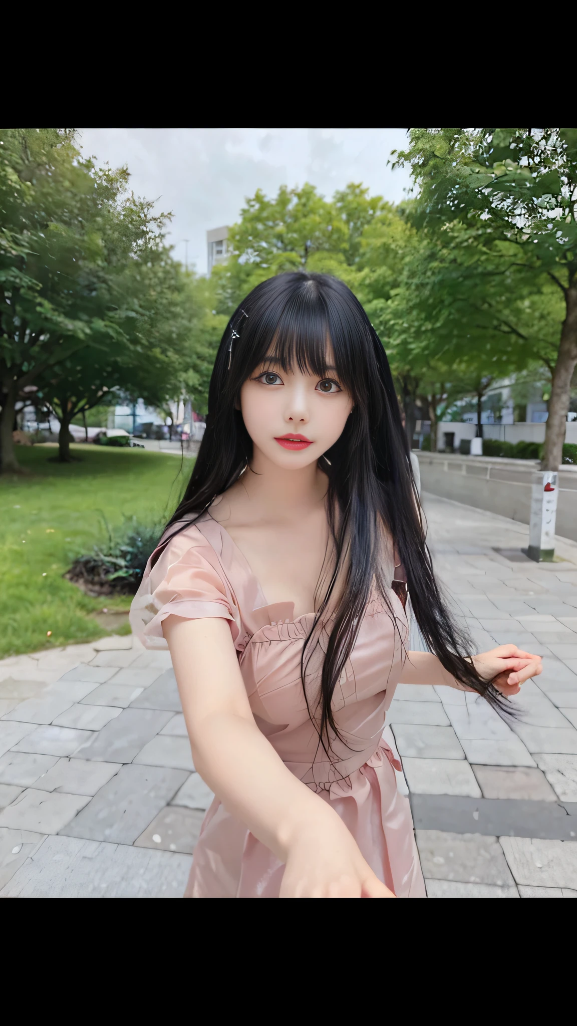 Arad woman in pink dress holding frisbee on the sidewalk, Long black hair with bangs, long whitr hair，Thick bangs, Long hair with bangs, She has black hair，By bangs, Long black hair，By bangs, 8k selfie photograph, long straight bangs, Asian girl with long hair, long thin black hair, tidy hair，By bangs