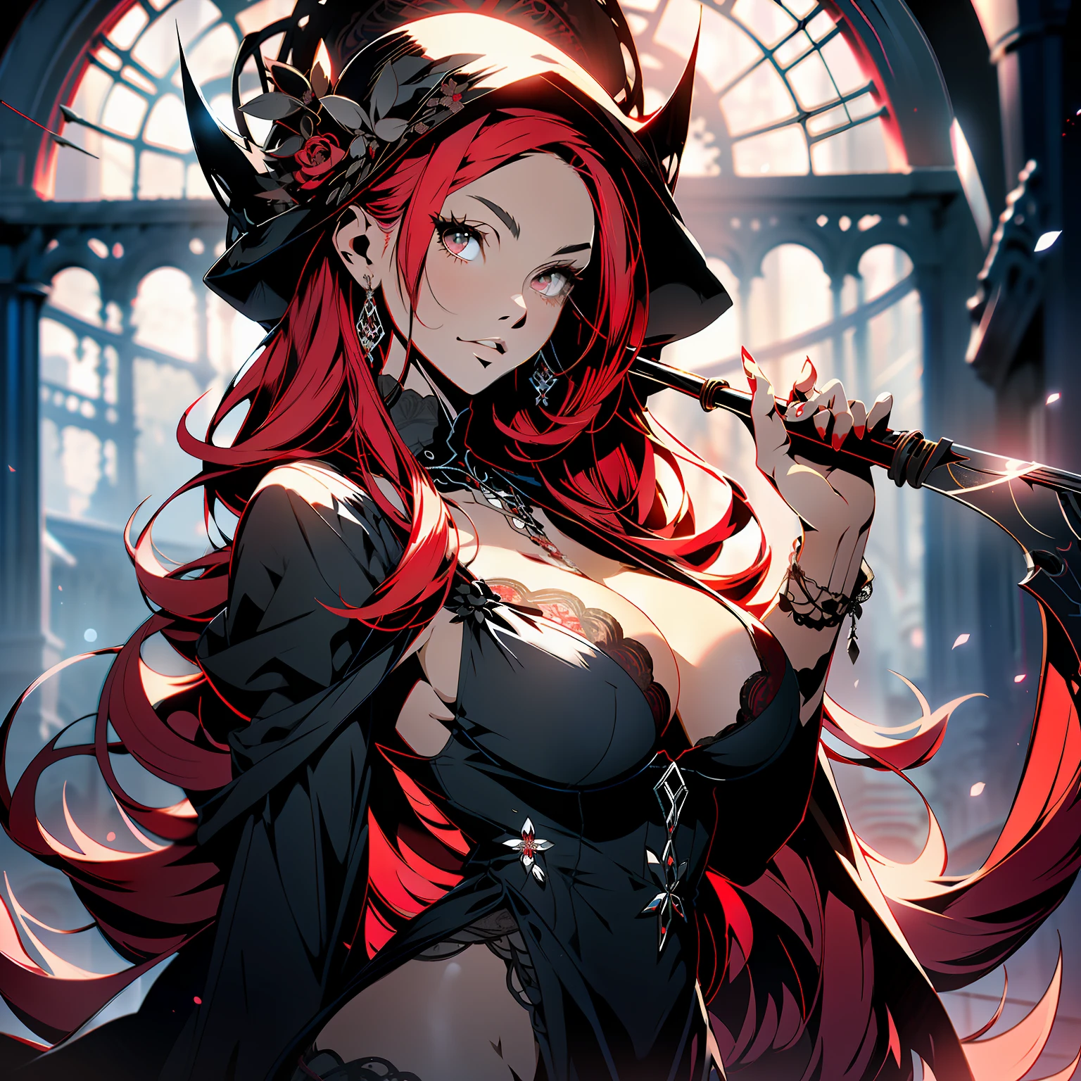 (((red HAIR, [PERFECT REALISTIC EYES]))), (((HOLDING A SCYTHE IN HANDS,)))ultra realistic 8k CG, perfect face, flawless, clean, masterpiece, professional artwork, famous art, cinematic lighting, cinematic flower, perfect face, beautiful face, beautiful eyes, (((perfect female body, narrow waist))), GOTHIC, real, SINISTER, BLACK HOOD, WIDE SMILE, (DARK SETTING), fantasy, MACABRO, unreal, science fiction, (huge breasts),  BLACK AND RED clothes, lace, lace trim, lace legwear, nsfw, breasts out, absurdly long hair, very long hair, (rich: 1.4), SKULLS AROUND, intricate detail, delicate pattern, sexy, charming, seductive, seductive, erotic, charming, hair ornament, necklace, earrings, bracelet, armband, looking at the viewer