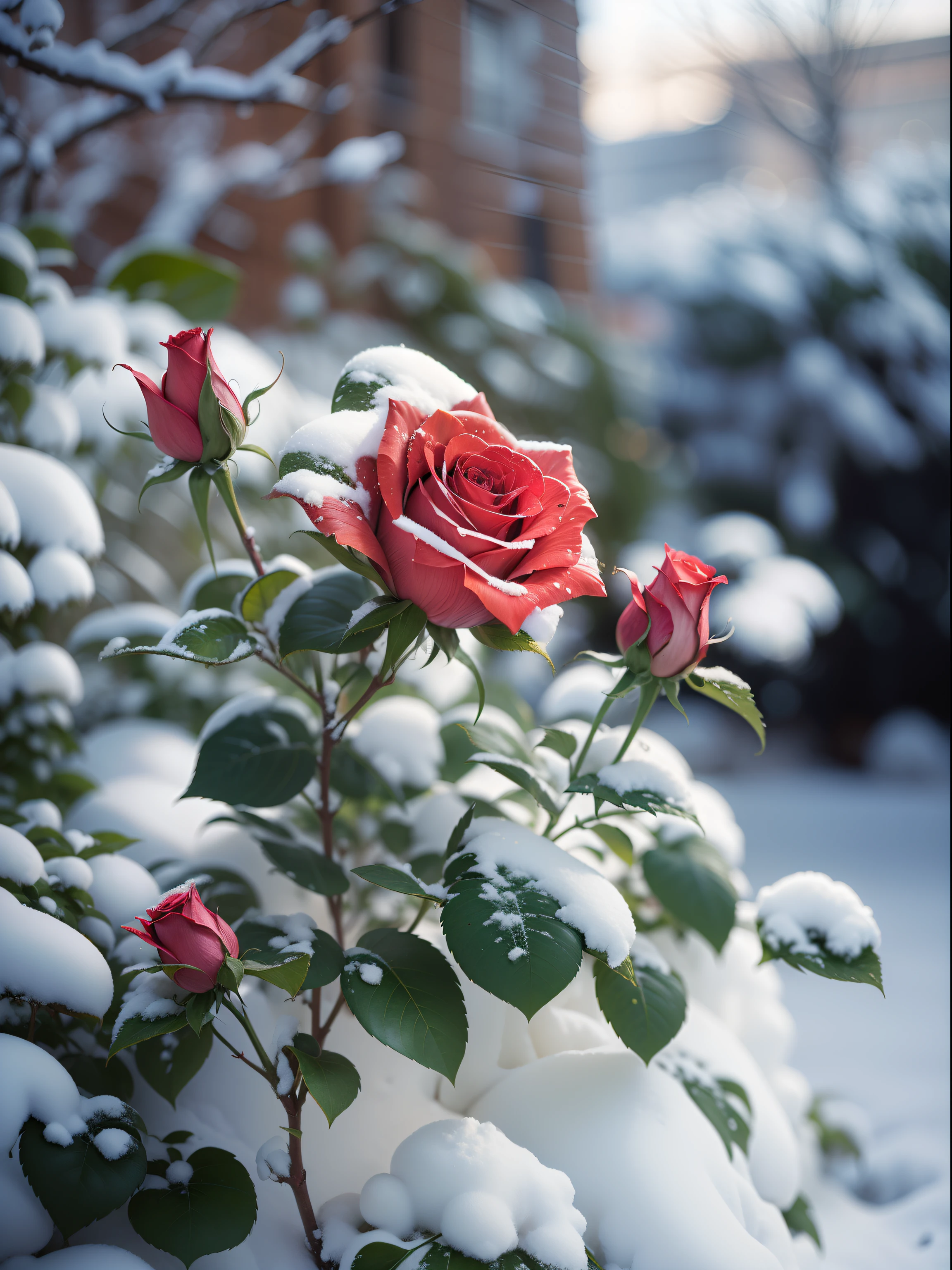 Speciality, Red roses grow on the bushes, Leaves and petals are covered with dust and snow,Shot with Canon 35mm lens, photo of a rose, taken with a pentax k1000, Shot with Pentax 1000, Two 5-mm ports, Shot at Kodak Portra, Rose Twinings, Red Rose, 35mm shot