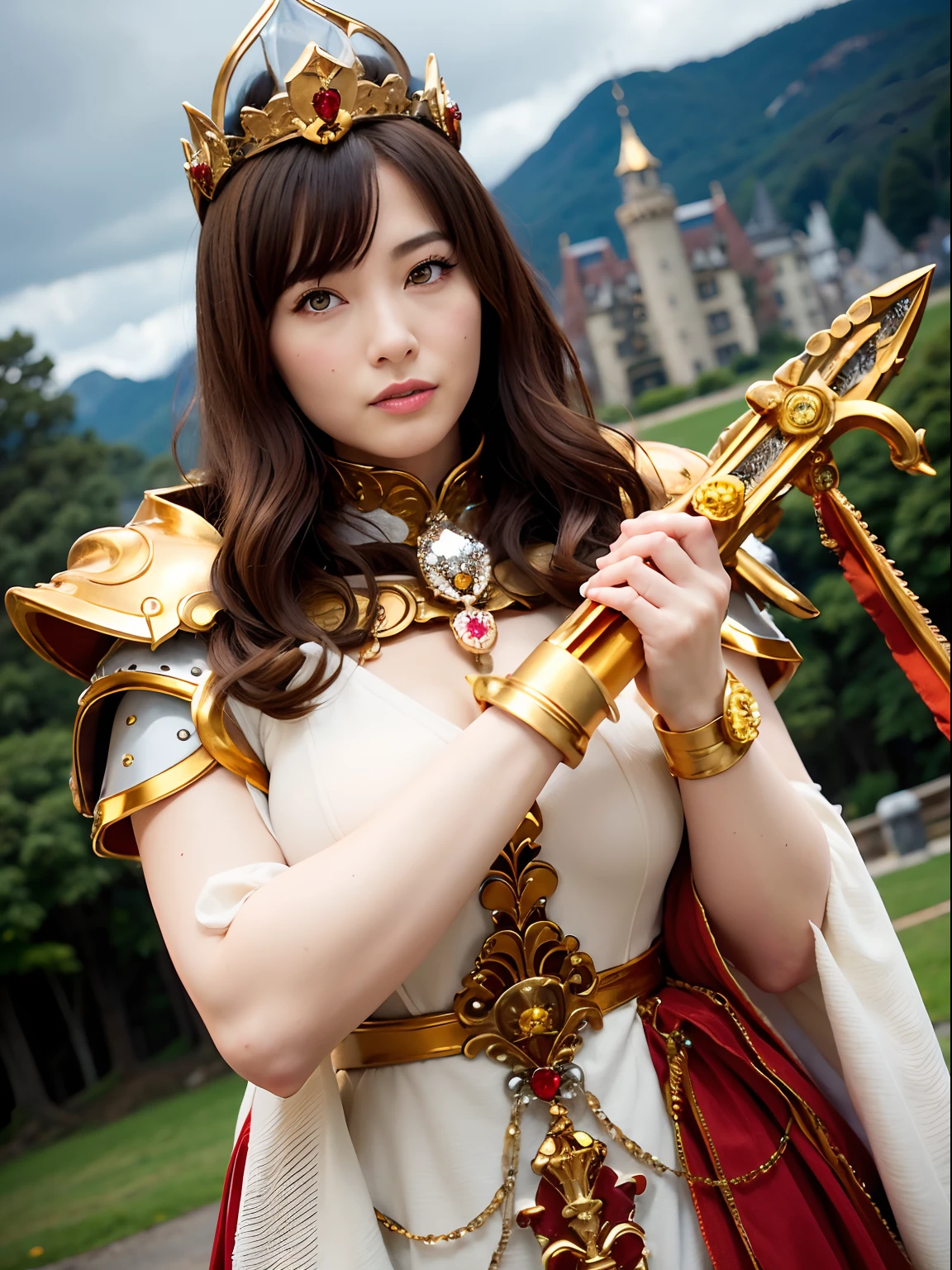 (masutepiece), Professional , ​masterpiece、top-quality、photos realistic , depth of fields （Gemstone Silver Metal Body:1.９),(Matte yellow、Jewel Gold Weapon、（Gorgeous castle background）、（Jewel Metal Body:1.４),Gorgeous Jewel Metal Weapons , Detailed Sword of the Brave ,（ Soldier background in metal armor）   ,warhammer 40k , adepta sororitas,Detail and ornate jewel crown、独奏、Brown hair、（Gangle's forest background）、Beautiful Caucasian beauty、１a person、dynamic ungle,(((Diamond tiara with detail and luxury)))、a small face、A smile、Powerful poses、（Gorgeous castle background）、huge filesize、20 year old beautiful woman、Stand in the center of the screen、Thin female fingers、Straight long hair、Beautiful Caucasian beauty、