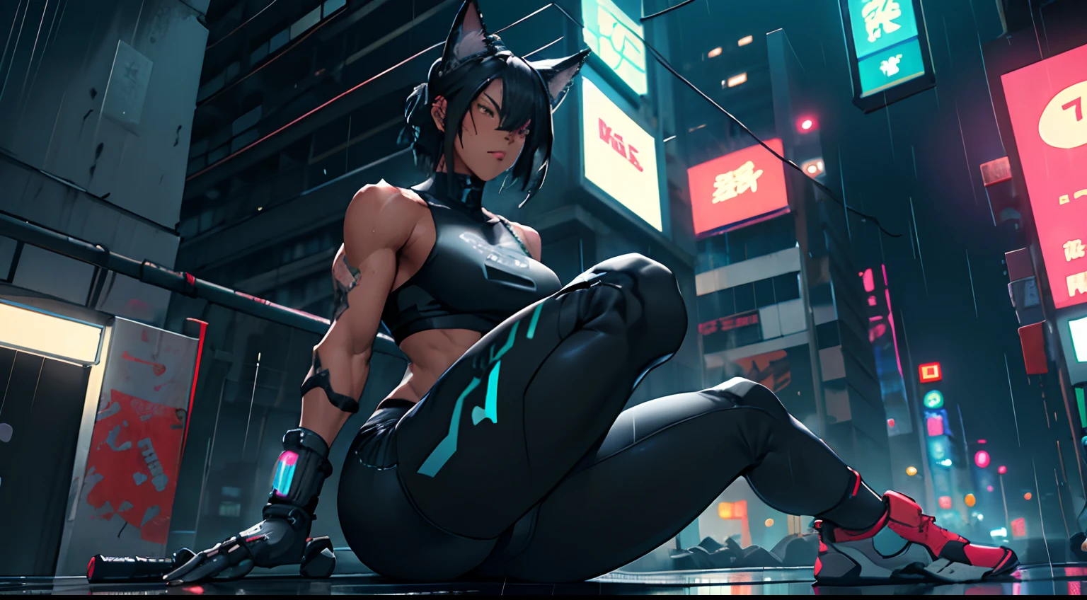 1girl, black hair, gym, athletic, robot, animal ears, large assault rifle, neon, kitana, noir, mystery, thick waist medium breast, muscular, tomboy, cyberpunk, nekomata, warrior, sexy outfit, looking at viewer, anime, realistic, rainy night city, dark skin, sitting on building roof, black, blue