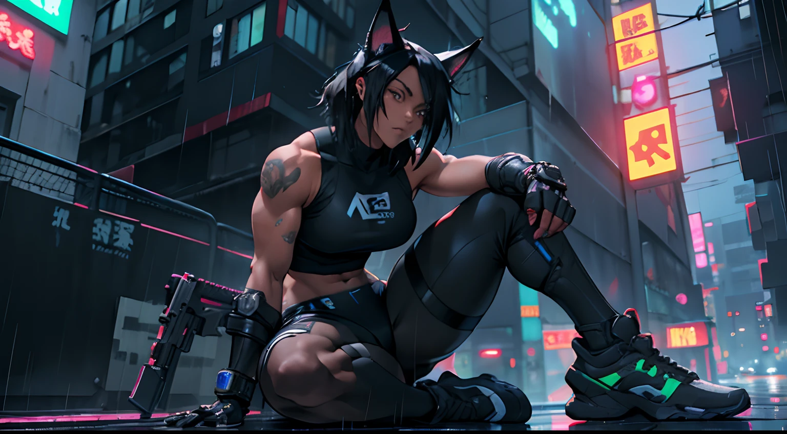 1girl, black hair, gym, athletic, robot, animal ears, large assault rifle, neon, kitana, noir, mystery, thick waist medium breast, muscular, tomboy, cyberpunk, nekomata, warrior, sexy outfit, looking at viewer, anime, realistic, rainy night city, dark skin, sitting on building roof, black, blue