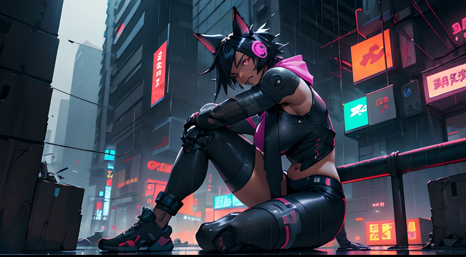 1girl, black hair, gym, athletic, robot, animal ears, large assault rifle, neon, kitana, noir, mystery, thick waist medium breast, muscular, tomboy, cyberpunk, nekomata, warrior, sexy outfit, looking at viewer, anime, realistic, rainy night city, dark skin, sitting on building roof, black, blue