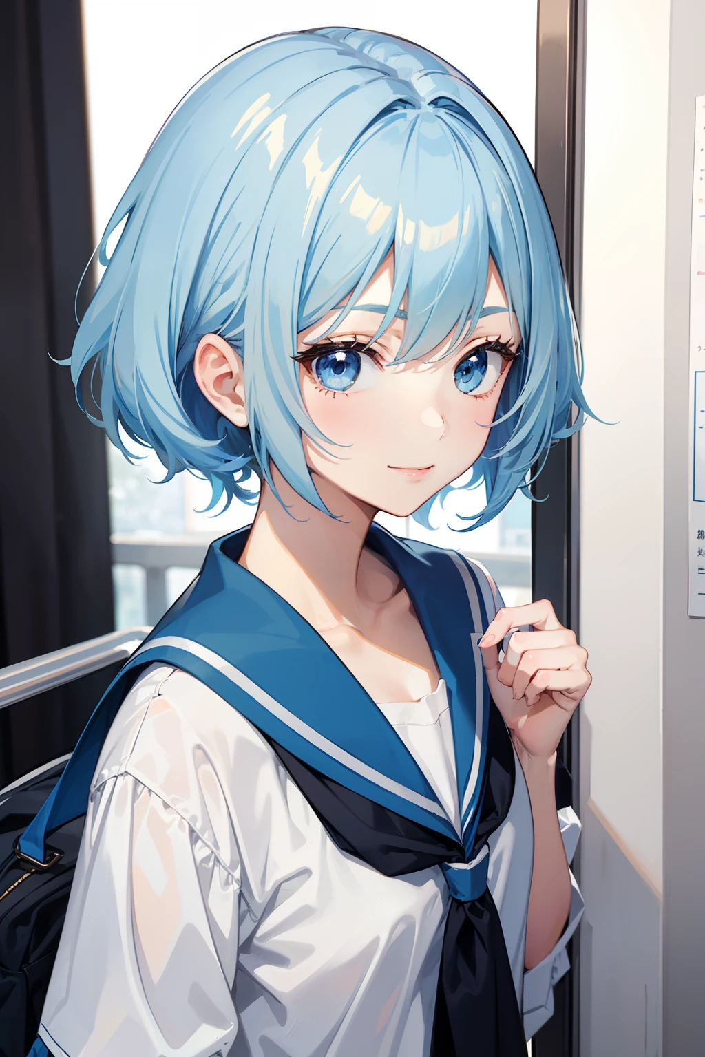 a beauty girl,lightblue hair,bobhair,Manga style,fulcolor,A slender,Infant face,hi-school girl,boyish,a smile