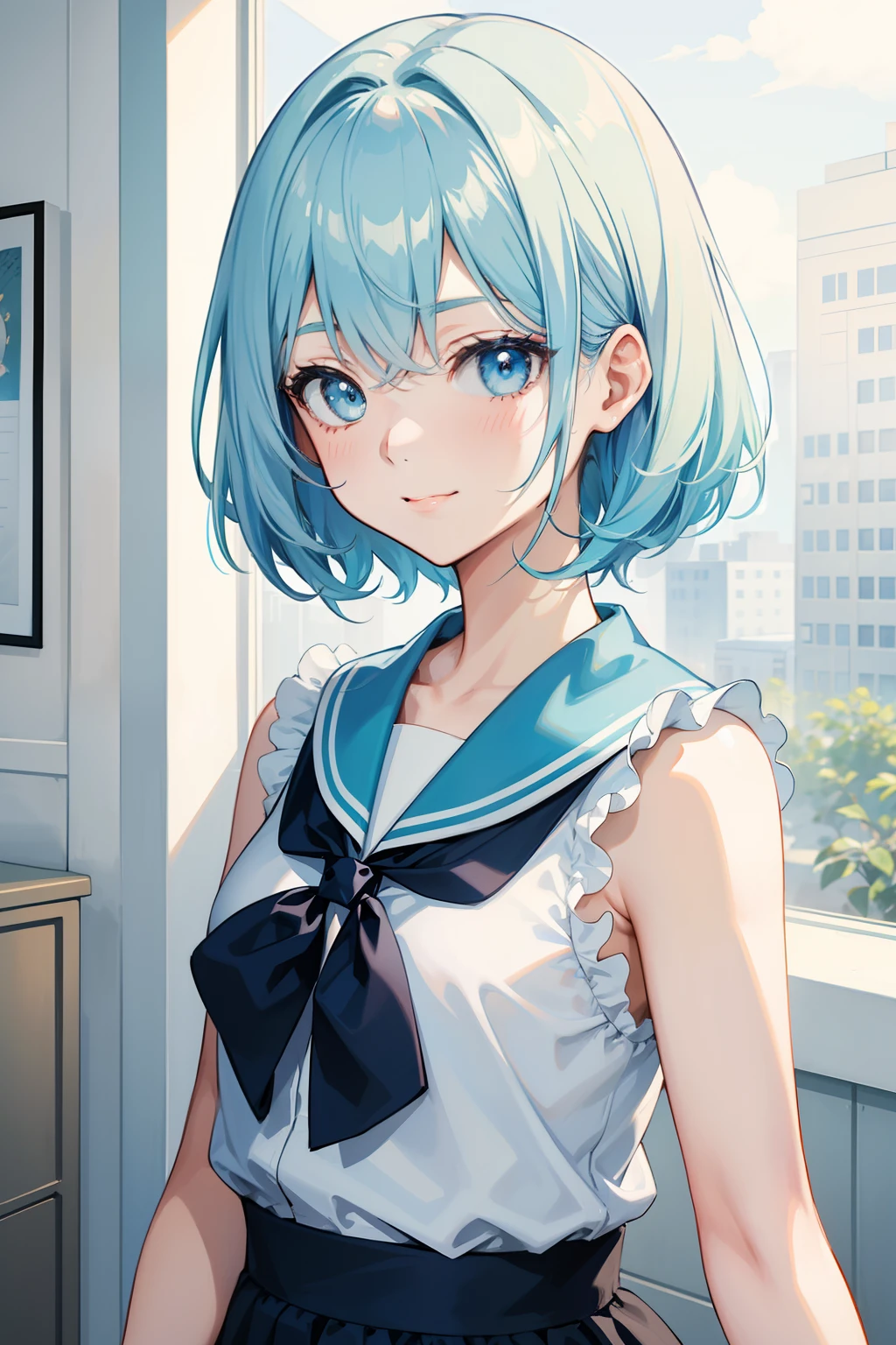 (1 girl),(Best Picture Quality, 8K, Masterpiece:1.3), (high school student:1.5), (pink lob hair:1.1), [skyblue hair:0.1], (bob cut),(swept bangs), (cute eyes, pupil black, iris skyblue, youthful face), (mole under right eye), (standard weight), (small breasts), (glistening skin:1.1),(pale skin:1.2), ((serafuku, white sailor short sleeve simple shirt, darkblue skirt, darkblue sailor collar, pink ribbon)),(sitting on a chair),a class in session,(hands up, elbows on desk, face palm),(low angle),