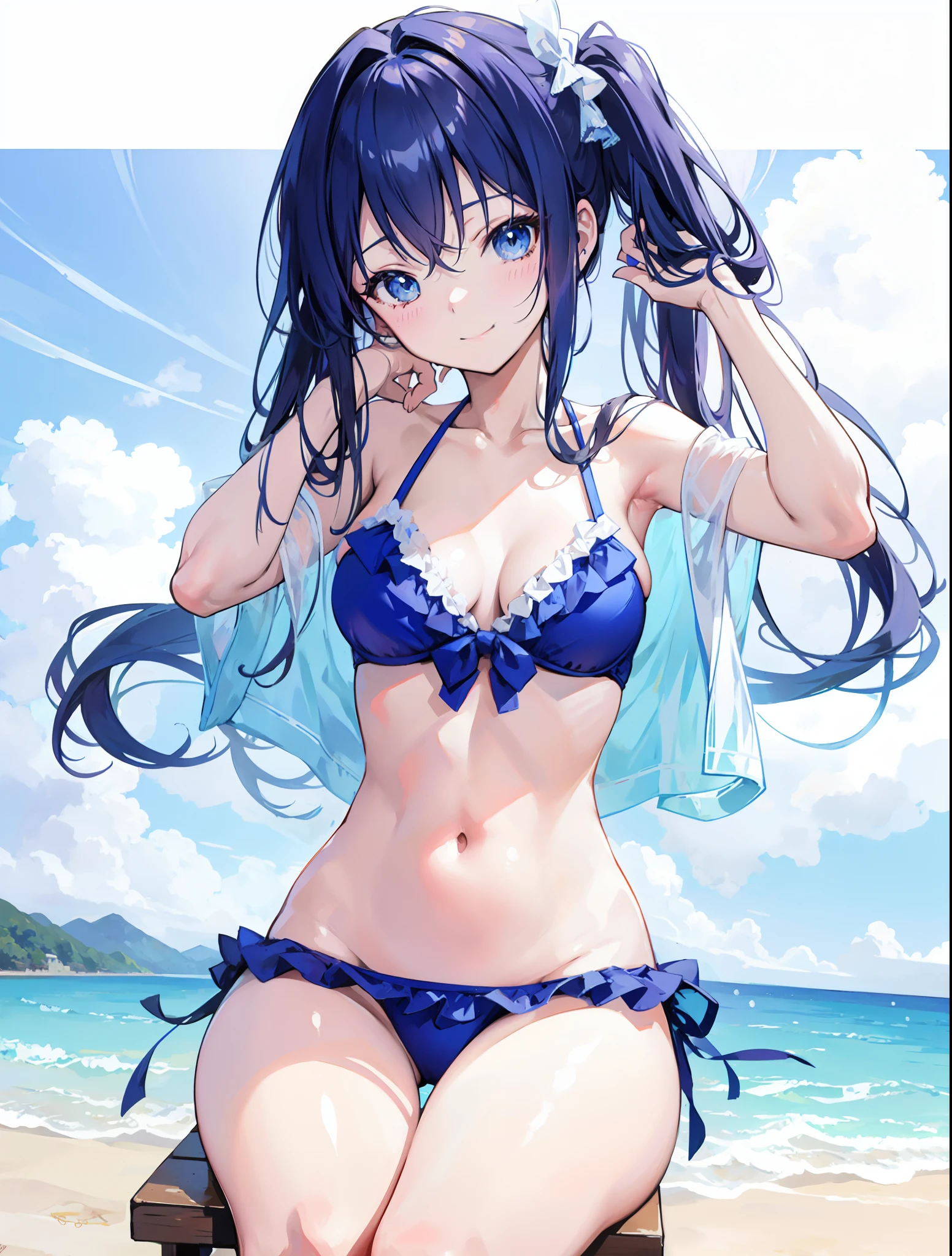 anime girl in a bikini sitting on a blue bench, medium breasts, smile, beautiful hair, cute pose, cuteness, pov, hand on the hair