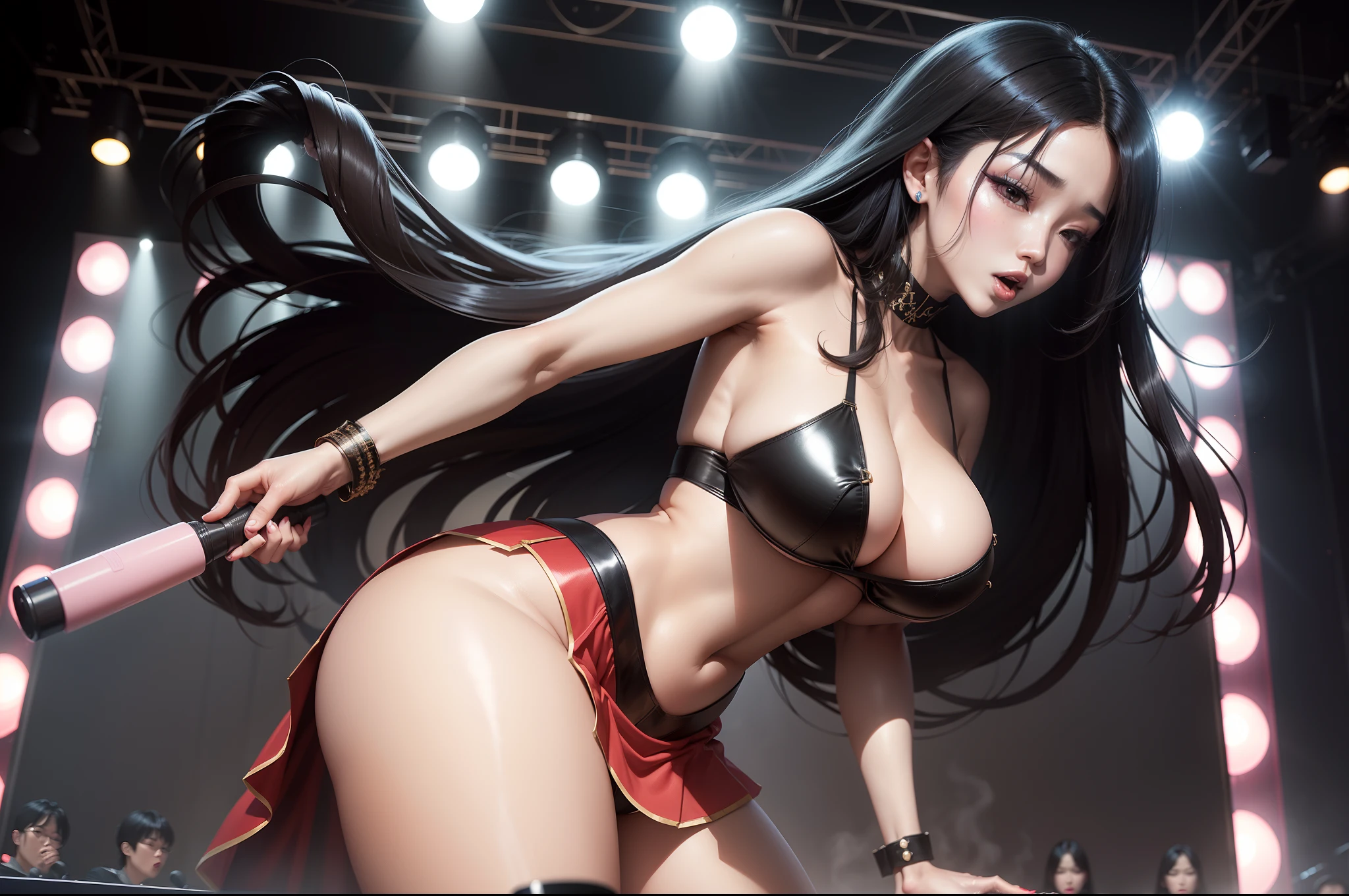 Sexy Korean K-pop star is performing on the stage in slutty outfit wiggling her massive boobs and massive ass while she is orgasming from vibrator in her pussy and moaning from pleasure. She has long black hair