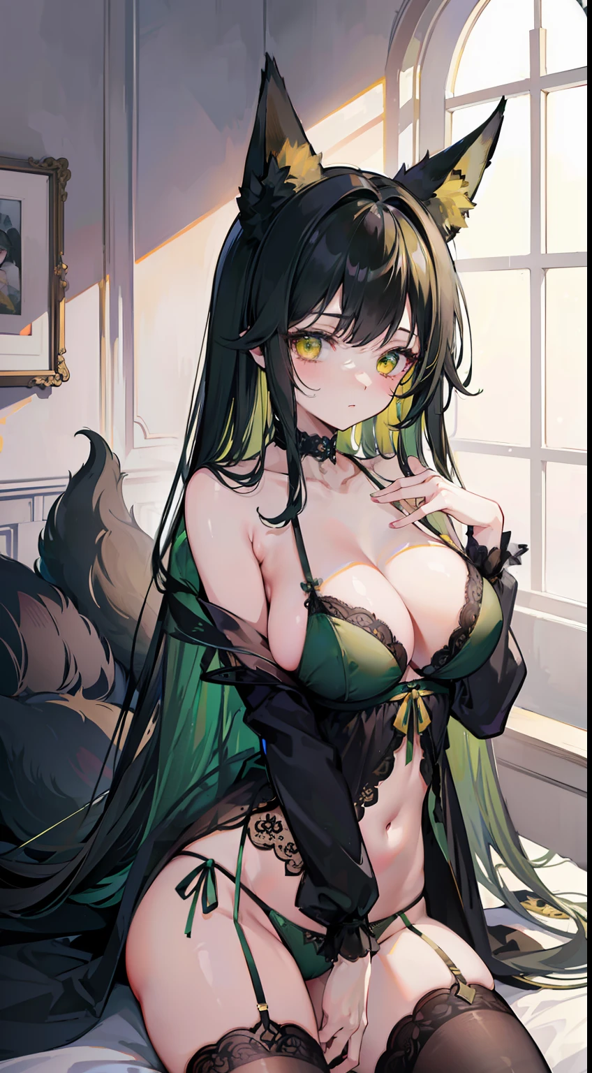 High quality, masterpiece, ultra-detailed, black stockings, green lingerie, green panties, choker, headress, 1girl, solo, peaceful expression, long black hair, enchanting yellow eyes, fox ears, giant breasts, bedroom