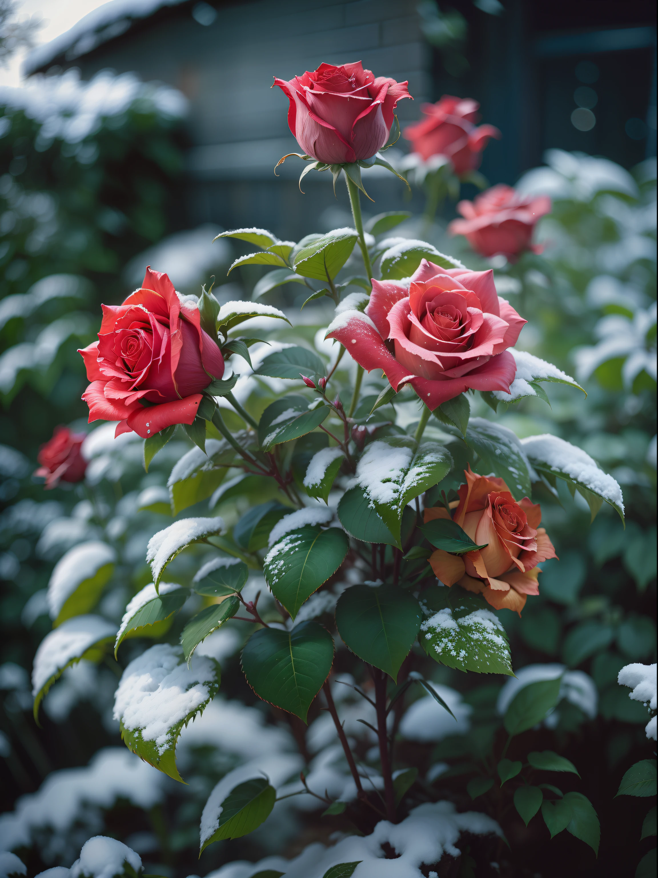 Speciality, Red roses grow on the bushes, Leaves and petals are covered with dust and snow,Shot with Canon 35mm lens, photo of a rose, taken with a pentax k1000, Shot with Pentax 1000, Two 5-mm ports, Shot at Kodak Portra, Rose Twinings, Red Rose, 35mm shot