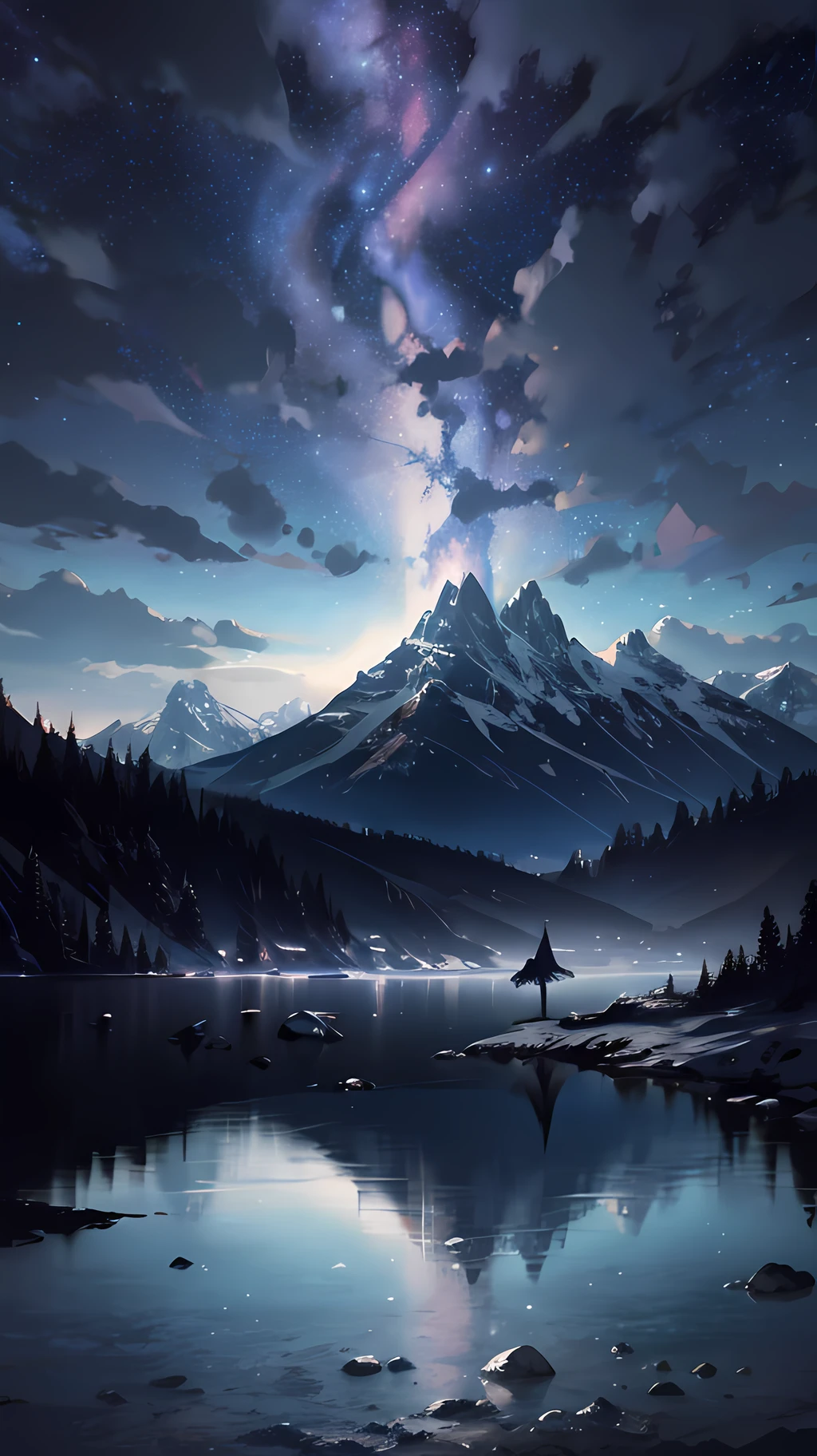 Starry Sky with Mountains and Lake, Jessica Rossier, Inspired by Jessica Rossier, Jessica Rossier Fantasy Art, Concept Art Magic Highlights, Official Artwork, Dream Painting, Ethereal Realm, Atmospheric artwork, dreamy matte paintings, serene endless stars inspired by Ted Nasmith, moonlit starry environments, epic music album covers.