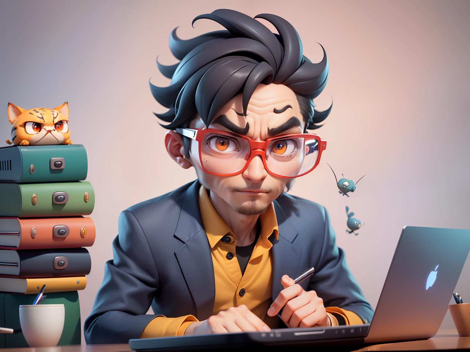 A young man in a suit, Short hair and glasses sat at his desk,holding laptop,digitial painting,tigre,3D character design by Mark Clairen and Pixar and Hayao Miyazaki and Akira Toriyama,4K HD illustration,Very detailed facial features and cartoon-style visuals。