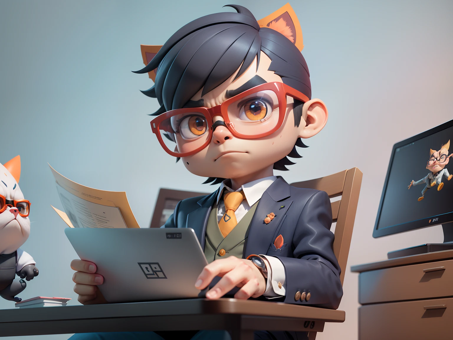 A young man in a suit, Short hair and glasses sat at his desk，holding laptop，digitial painting，tigre，3D character design by Mark Clairen and Pixar and Hayao Miyazaki and Akira Toriyama，4K HD illustration，Very detailed facial features and cartoon-style visuals。