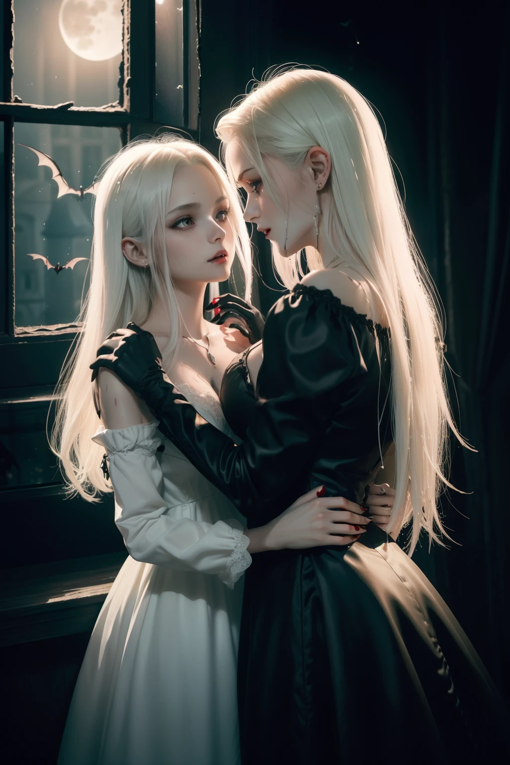 A platinum blonde female vampire in a black dress is holding a beautiful brunette girl in a white dress from behind. ((A little blood is dripping from the female vampire's mouth.)) The beautiful girl is in a trance and the female vampire is satisfied. They are in the beautiful girl's bedroom with moonlight coming through the window. Bats are flying outside the window. 35mm lens shot