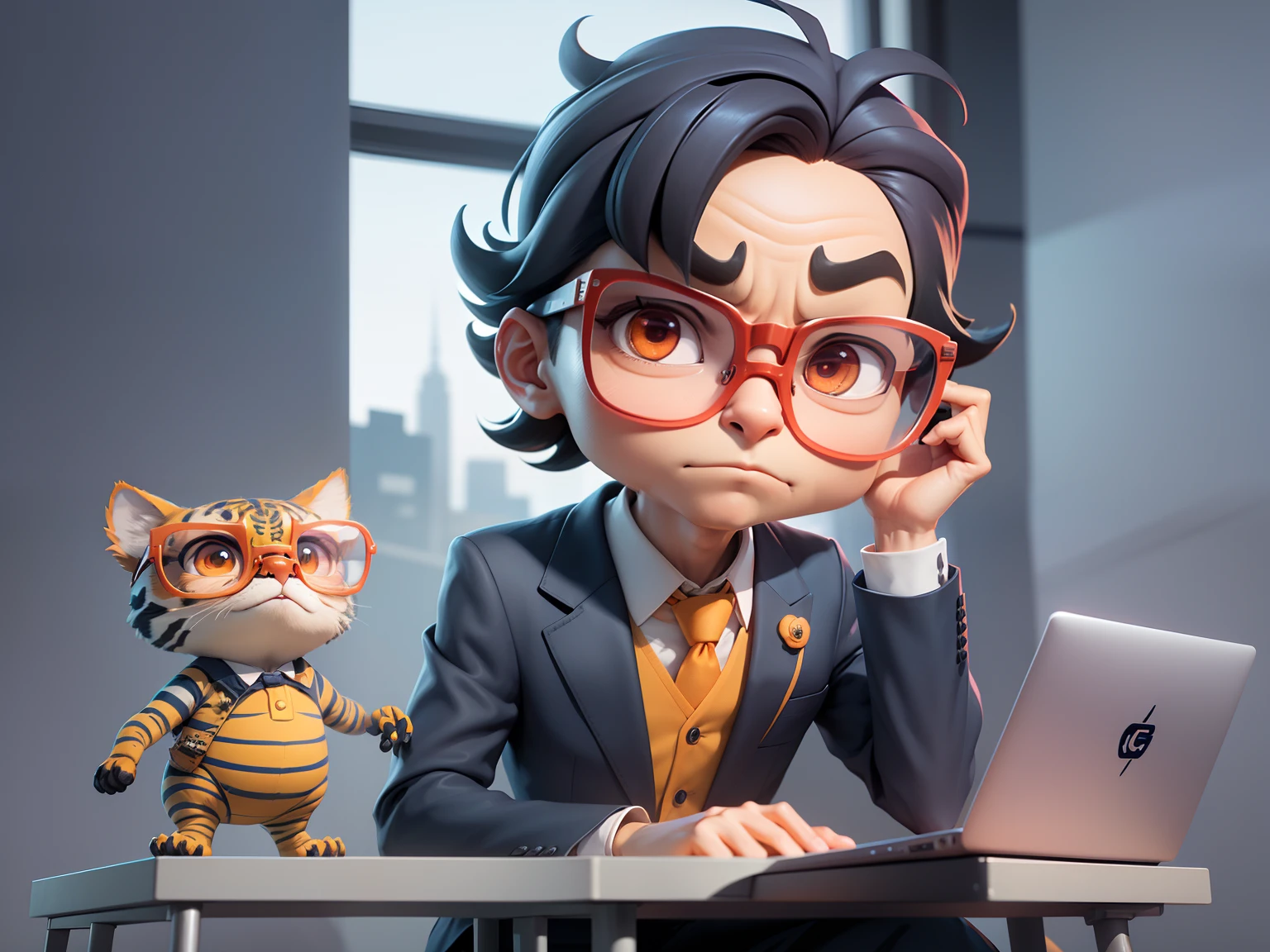 A young man in a suit, Short hair and glasses sat at his desk，holding laptop，digitial painting，tigre，3D character design by Mark Clairen and Pixar and Hayao Miyazaki and Akira Toriyama，4K HD illustration，Very detailed facial features and cartoon-style visuals。
