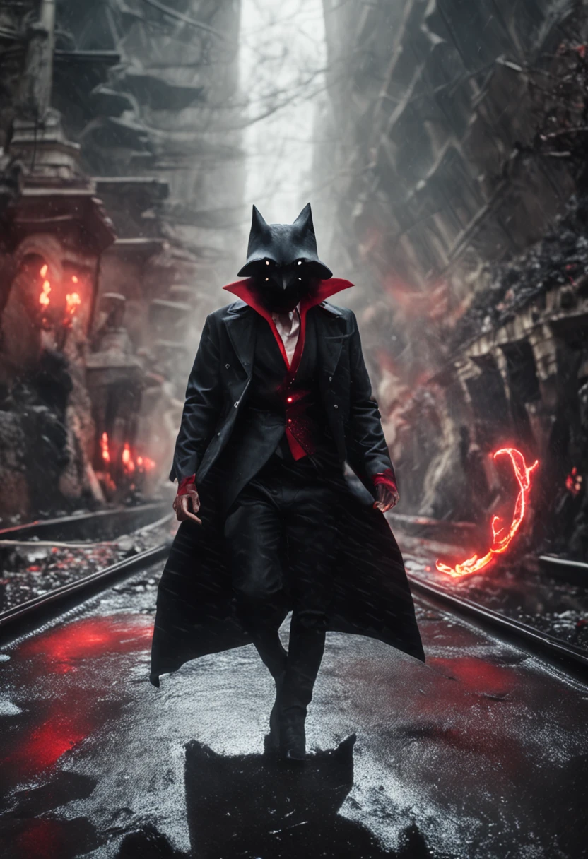 Best quality, Masterpiece, 超高分辨率, (photograph realistic:1.4), surrealism, Dream-like,fusionart, Shadowdancer, shadow magic,Vampire with red eyes and black coat