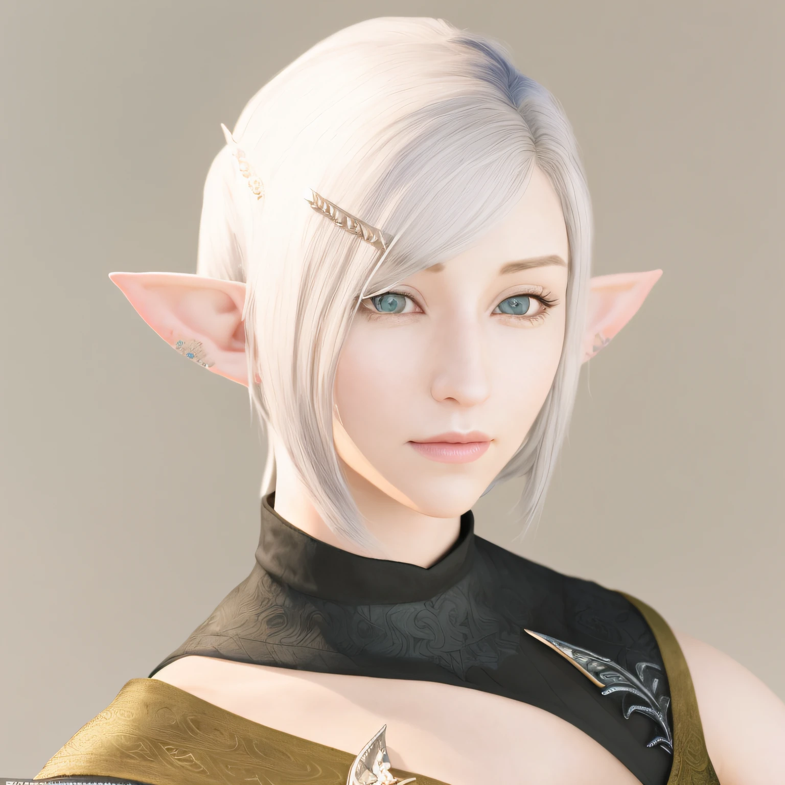 There is a 3D image of a woman with gray hair, elven character with smirk, Female Elf, a portrait of an elf, a portrait of an elf, pale pointed ears, centered elven, Elf Girl, half elf woman, side portrait of elven royalty, female elfling, a middle aged elf, beautiful and elegant female elf, male elf