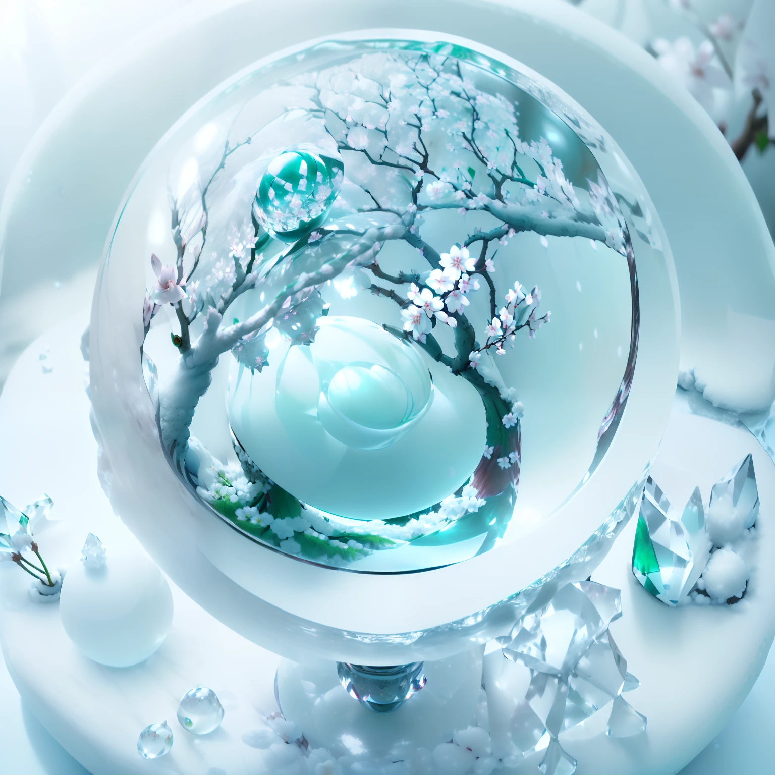 Hyper-realistic、16K High Resolution、(Maximum Sharp Focus:1.3)、(Maximum Close-up:1.5)、(Magnified white cherry blossoms trapped in a crystal ball,There is a pedestal on the table:1.7)、(White fog、Green leaves、Aqua、White snow、blue back light、Harsh winter:1.5)、