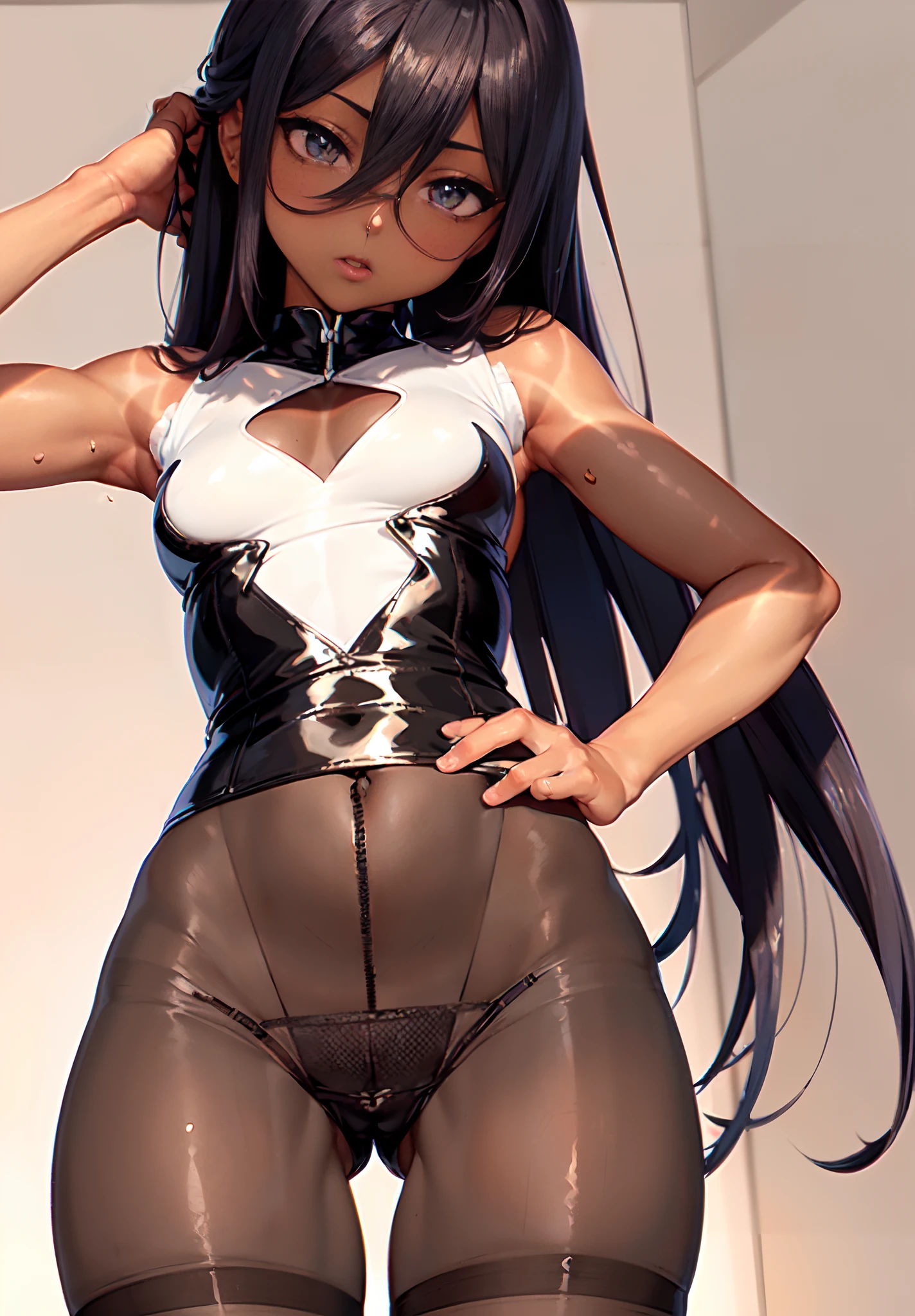One Woman、(A MILF),Solo,masterpiece、Detailed beautiful face、Detailed beautiful eyes、hight resolution、Beautiful lighting、An ultra-fine illustrations、extremely delicate and beautiful、top-quality、Slender and perfectly styled woman、((sexy pose、Poses to seduce))、(The eyes are detailed and beautiful),Curvaceous、(shinny hair, Glossy eyes,),、thighs thighs thighs thighs、Watch your audience、under the boobs、blushed、Blushing cheeks、ness、((Tanned skin:1.6),(Mesh Suit、Sleeveless ),(hotpants:1.3、lowrise)(pantyhose)、(small tits)