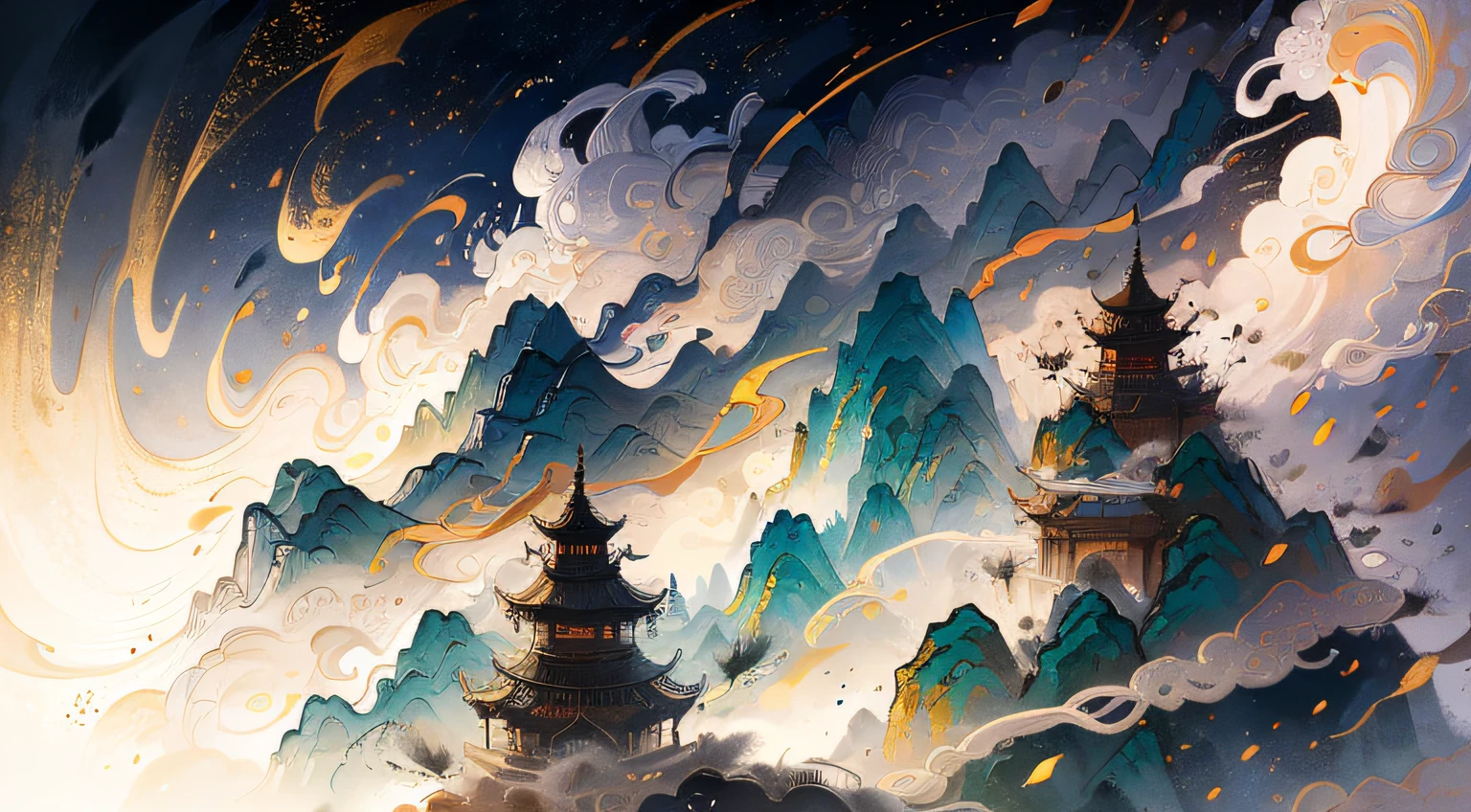 Ink wind,Visible ink strokes,Chinese wind mountains, rios, Auspicious clouds, aethereal,The void is dotted with stars, tmasterpiece, super detailing, Epic composition, hyper HD, high qulity, extremely detaile, offcial art, 统一 8k 壁纸, super detailing, 32K
