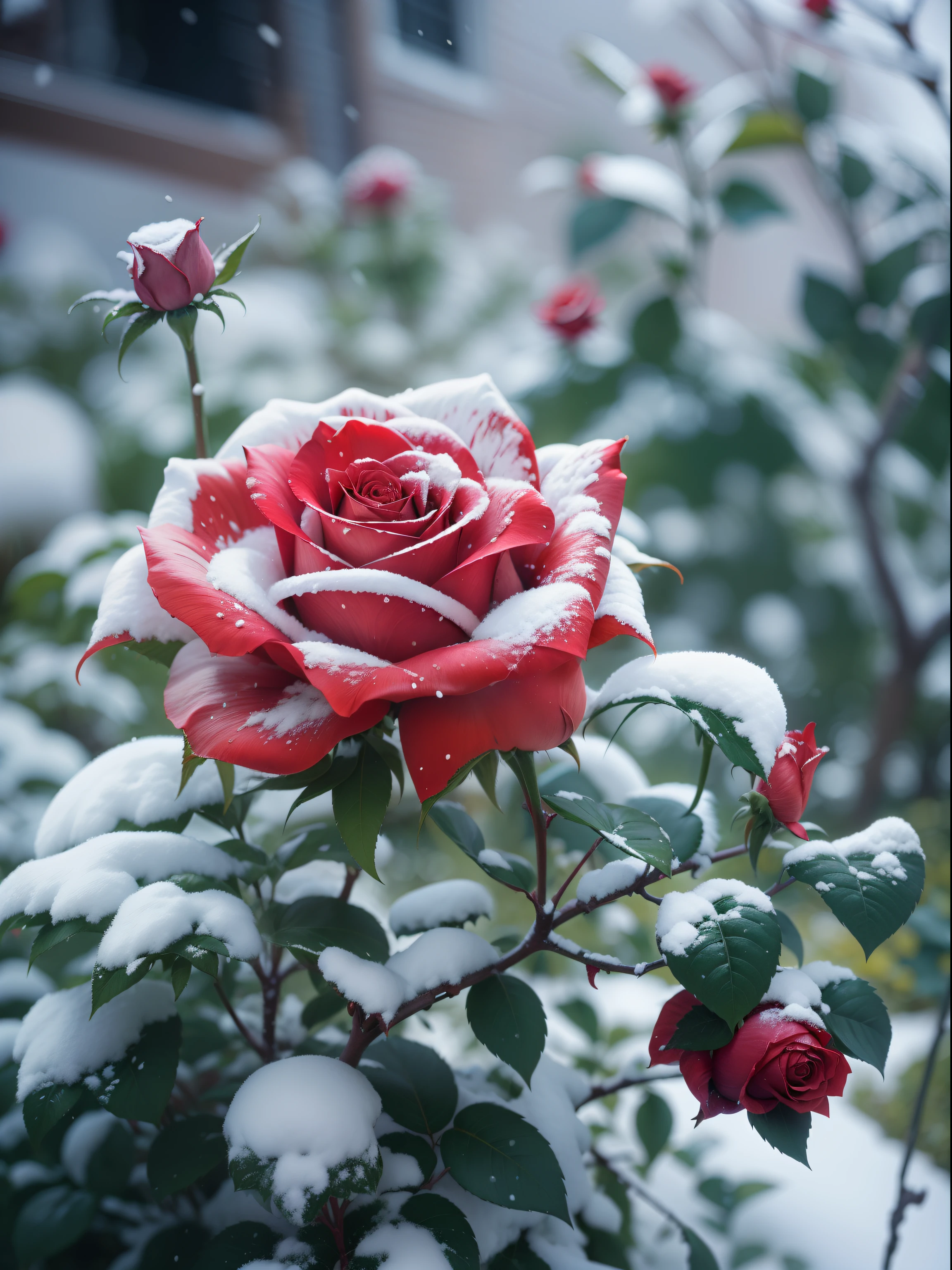 Red roses grow on the bushes, Leaves and petals are covered with dust and snow,Shot with Canon 35mm lens, photo of a rose, taken with a pentax k1000, Shot with Pentax 1000, Two 5-mm ports, Shot at Kodak Portra, Rose Twinings, Red Rose, 35mm shot