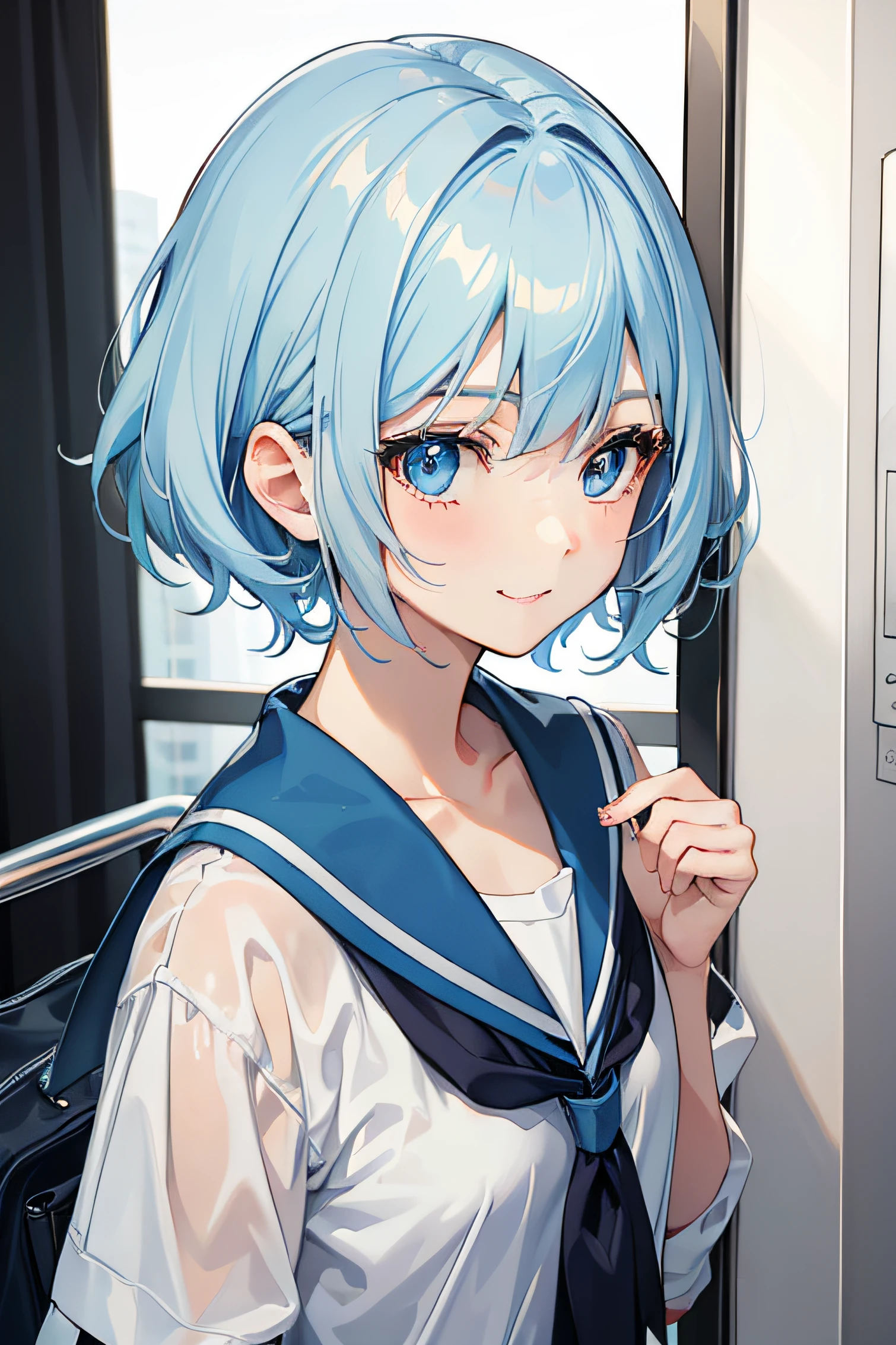 a beauty girl,lightblue hair,bobhair,Manga style,fulcolor,A slender,In face,hi-school girl,boyish,A smile