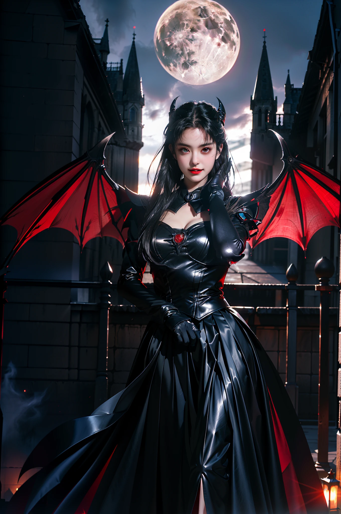 Female vampire in sexy leather armor，sharp teeth，（Vampire skin is super fair and smooth）、（In the background is a classical western castle，Stone castle，High bell tower，Square high-rise clock tower，large moon，moon full，Enshrouded by clouds，Moon stars are rare，）A pair of pitch-black wings on the back spread out，the bats,Soft and cold，（（Vampire teeth are surprisingly white，Showing fangs，licking own lips）），Image of Araved posing for a photo，The eyes burn like a scorching flame，It emits a terrible red light。Around his body，It is full of mysterious and deadly energy。 the sailor moon. Beautiful, Anime goddess, Anime girl in real life,Anime cosplay, Scholar, Anime figure; Full-body art, seductive anime girls，（（（Kojima Bunmi style）））