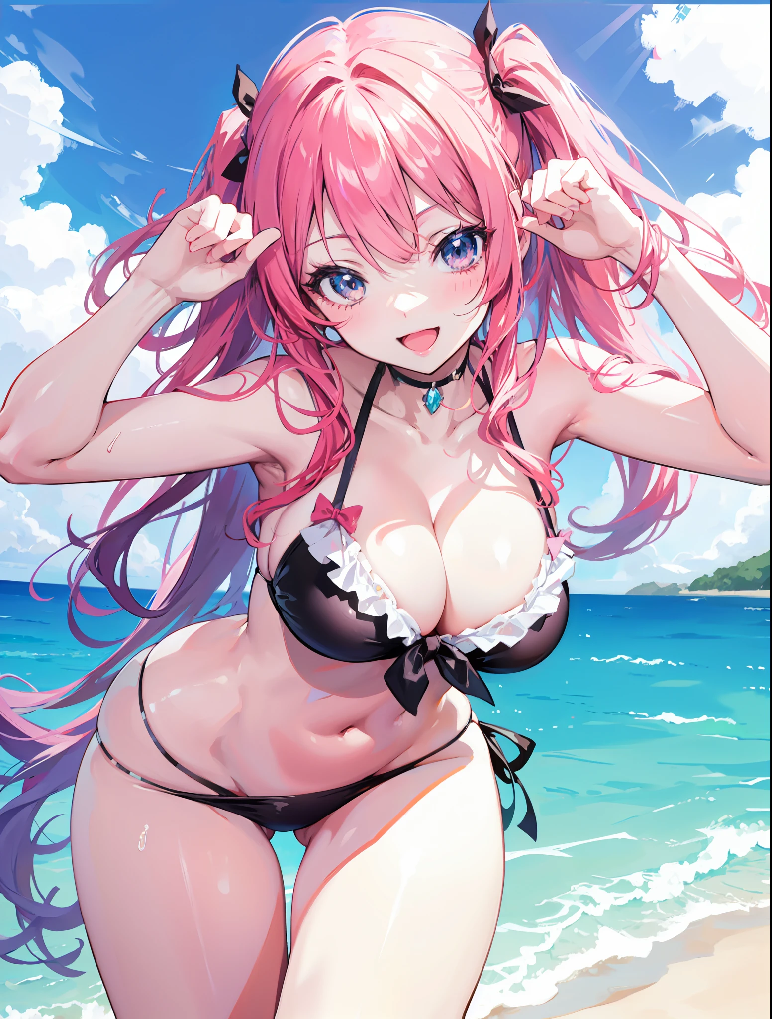 anime girl in a bikini, beautiful breasts, smile, beautiful hair, cute pose, cuteness, pov, hand on the hair, :D