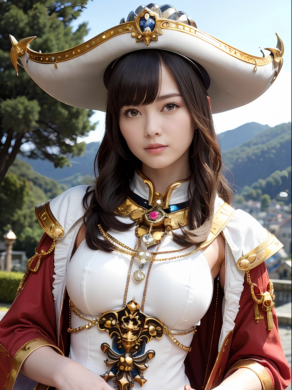 (masutepiece), Professional , masterpiece、top-quality、photos realistic , depth of fields (Gemstone Silver Metal Body:1.9),(Matte White、(Put on a pirate hat)、Jewel Gold Weapon(Jewel Metal Body:1.4),Gorgeous metal weapons , Detailed Sword of the Brave , Beautiful knife ,warhammer 40k , adepta sororitas,Detail and ornate jewel crown、Black hair、Gangle's forest background、Beautiful Caucasian beauty、1a person、dynamic ungle,(((Detailed and ornate diamond crown)))、Smaller head、A smile、Take a sexy pose、Background inside the castle、Thin and beautiful female hands、cleavage of the breast、Soldier in iron armor on background、Soldier in iron armor on background、