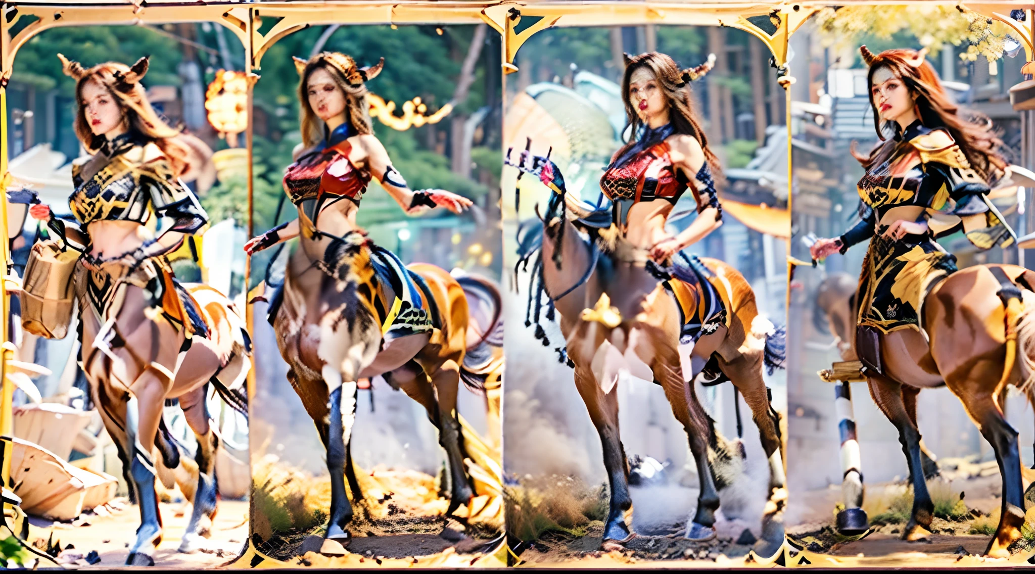 In a very grand scene,The extra-large wide-angle lens captures the appearance of a female centaur。She is tall,It has the ultimate curvy beauty,The muscles are slender and firm,Beautiful lines。Her facial features are tough and coquettish,Always with a sunny smile。She wears special tight-fitting equipment with a strong sense of technology,Step on multifunctional off-road style heels,Delicate and practical protective gear is worn on the hands, feet, wrists, neck and shoulders。The detection equipment around you flashes various cue lights and neon-like information screens,Let her exude a charming brilliance。Use Midjourney's advanced tools,Design special tight-fitting equipment for female centaurs,Highlight her unique physiological characteristics and appearance details,Add realism。And in her adventure scene,Spectacular views of nature,Such as the sky where storms and sunny days alternate、Brilliant rivers of stars and auroras、The snow-capped summit of Mount Everest、Fireworks in the mountain town, etc。ao mesmo tempo,Away from the hustle and bustle of Long Beach Pier is a neon-lit spaceship docked,Create a fantastic scene。Use Midjourney's advanced tools and multiple color palettes、Brush Strokes、Texture tools and model packages,It shows a sense of atmosphere where beauty and charm coexist。The charm of the female centaur is highlighted through color and lines,Enhance realism with detailing,Create a surreal dreamy feeling。Additionally,Use Midjourney's tools to add a variety of extreme sports gear and cultural trinkets to the female centaur,Create intricate hairstyles and outfits,Give her a sense of premium。She never flinches,Regardless of the terrain,can respond quickly,Even the extreme geography and dangerous terrain of aliens cannot stop her。Use Midjourney's powerful tools,You can do it with incredible detail and beauty,Bring this ultra-grand and beautiful scene to life。Ultra-grand scenes,super wide shot, hdr,(真实感,Masterpiece quality,best qualtiy),