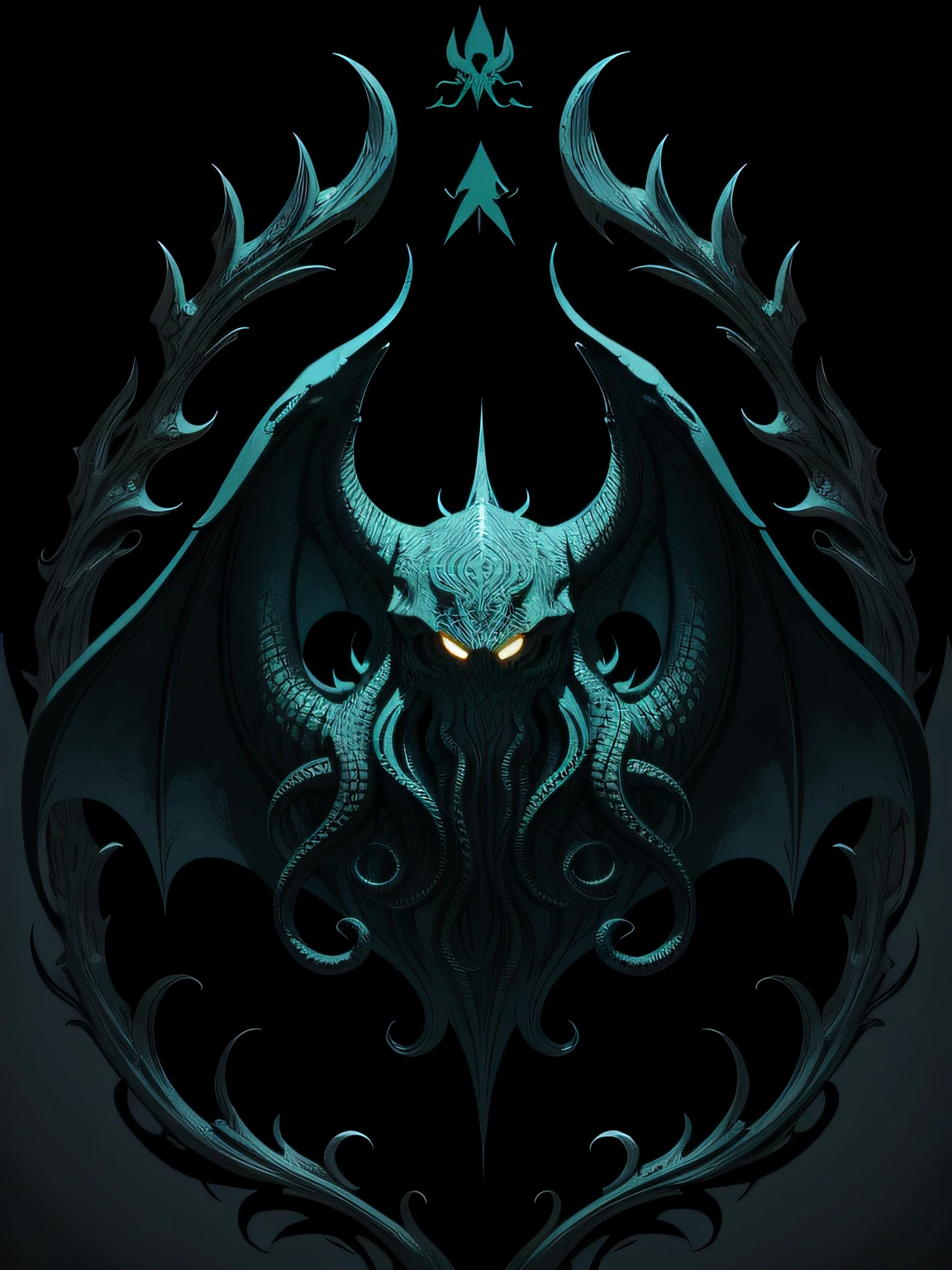 [cthulhu] Heraldic silhouette, logo masking style illustration, by dan mumford, by greg rutkowski, by james jean, black background, mysterious, fantasy art, realistic, majestic, rich vibrant colors, high contrast, seamless water brand, artstation, deviantart, dribble, redbubble, teepublic, sharp focus, simple, hyper detailed, detailed drawing, vectorize, outline, isometric style, 8k."