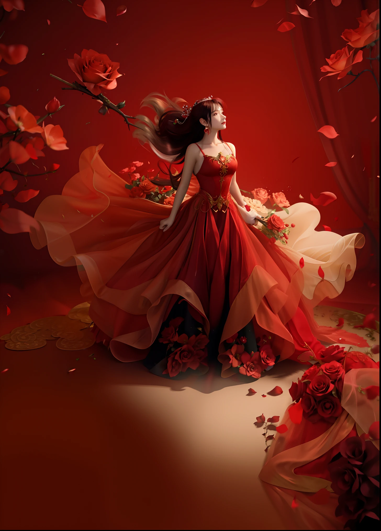 Wearing a red dress《One Piece》The female emperor Boyahan Cook is surrounded by roses, in a red dream world, in red background, rich red colors, vibrant red colors, extremely colorful,red tint, red mood in background, falling red petals, Very red, Woman in red dress, Hot body,red colour, red colour, Red atmosphere, Red theme, beautiful gorgeous digital art, red tint