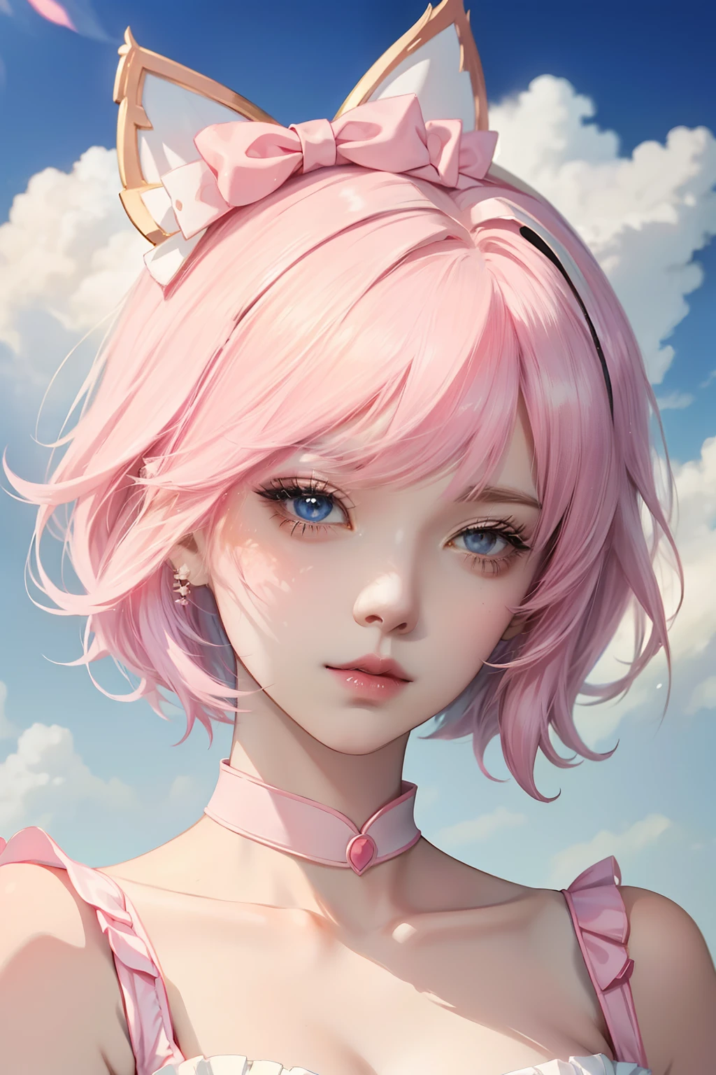 Anime girl pink short hair white bow, , Beautiful character painting, , Stunning anime face portrait handsome royal sister cat ears