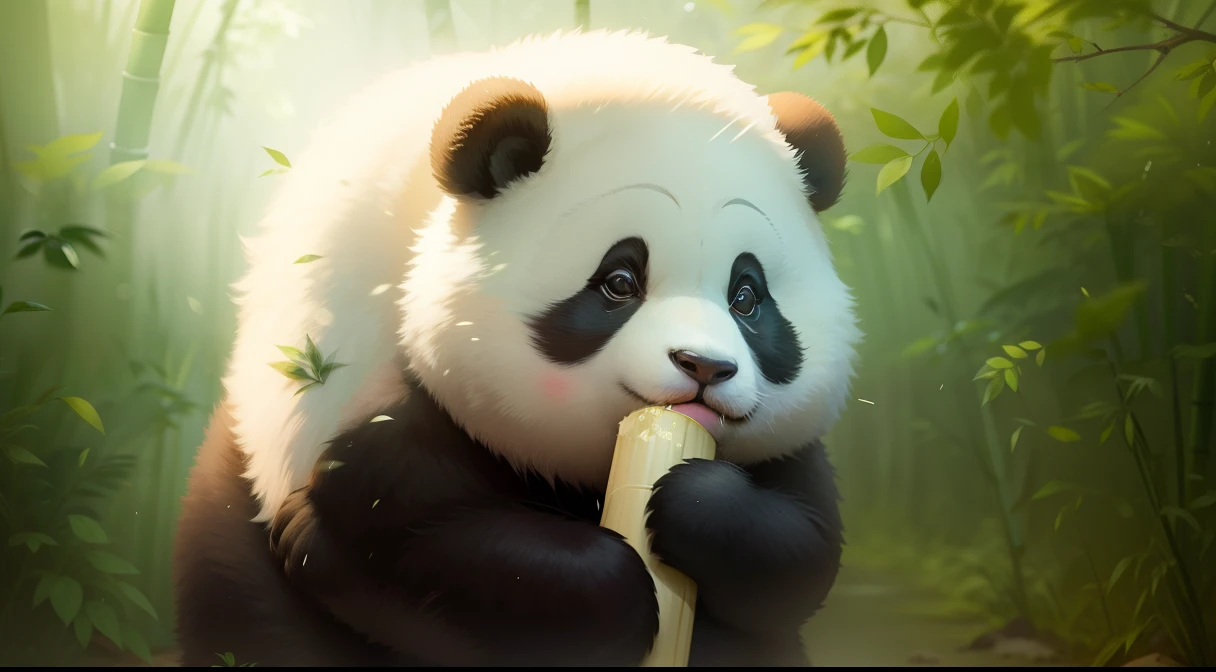 In the bamboo forest, a panda is short, fat and cute, wearing a bucket hat on its head, and is eating bamboo