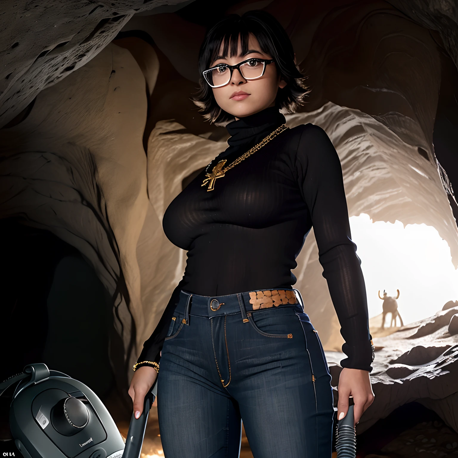 (masterpiece:1.1, best quality:1.1), cowboy shot, solo, 1girl, shizuku murasaki, expressionless, looking at viewer, detailed brown eyes, (glasses:1.1, black turtleneck sheer sweater:1.4, torn jeans pants:1.1, white panty:1.1, cross necklace:1.1, she grab vacuum machine:1.25), (huge breasts:1.1), (in the realistic cave:1.15, dark atmosphere:1.55),