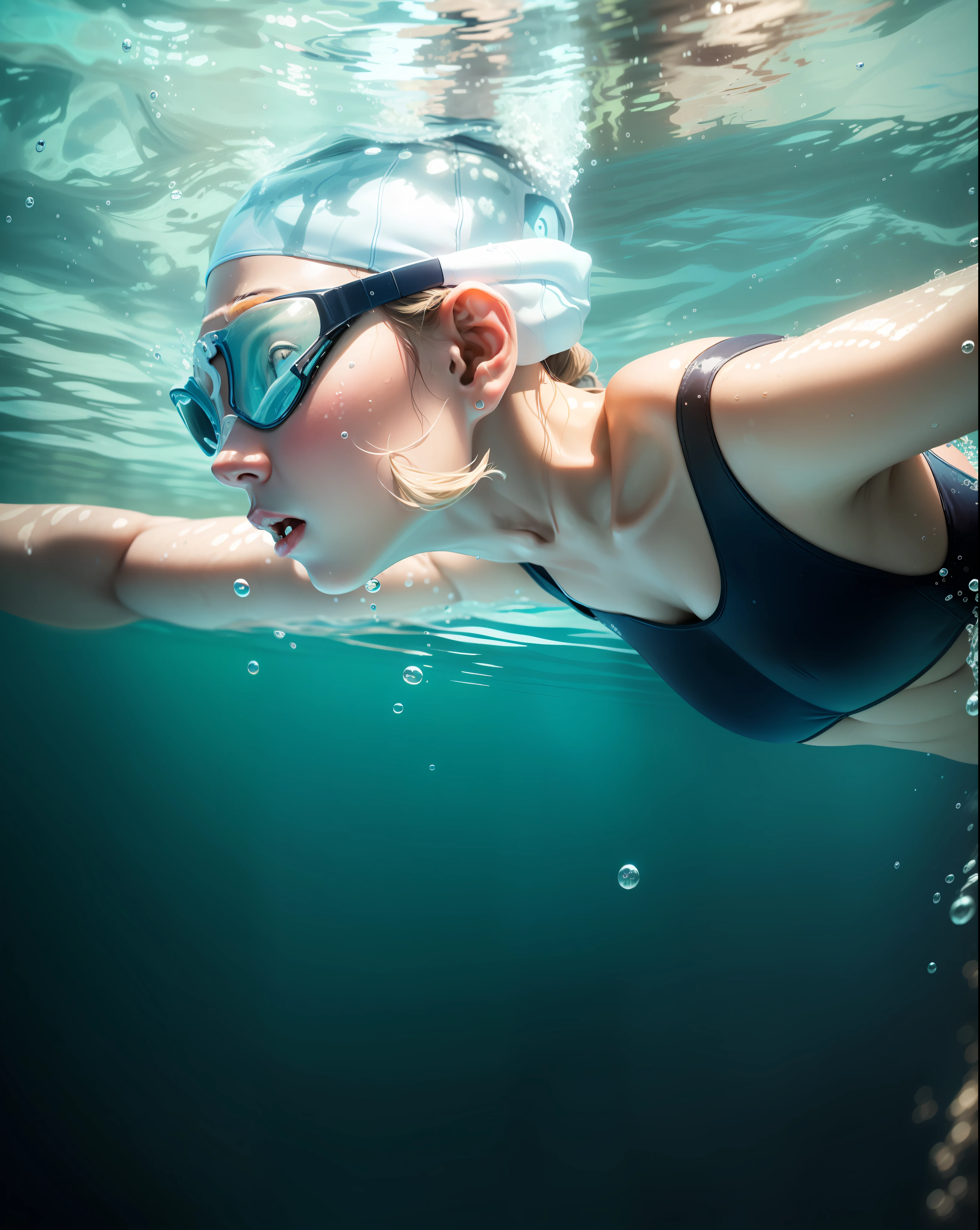 A professional female swimmer wearing goggles swims in pool water, Swim underwater in the pool, swimming underwater, Swimmer，Easy expressions，The moment you rush into the water，Female swimmer swimming in pool，Pool swimming，Professional female swimmer，Pool swimming，side profile in underwater, swimming to surface, swimming deep underwater, Swimming, butterfly stroke, people swimming, underwater shot, Swim in the ocean, In water! up to shoulders, shutter, Close-up of female underwater swimmer，Real shooting，Camera shot！