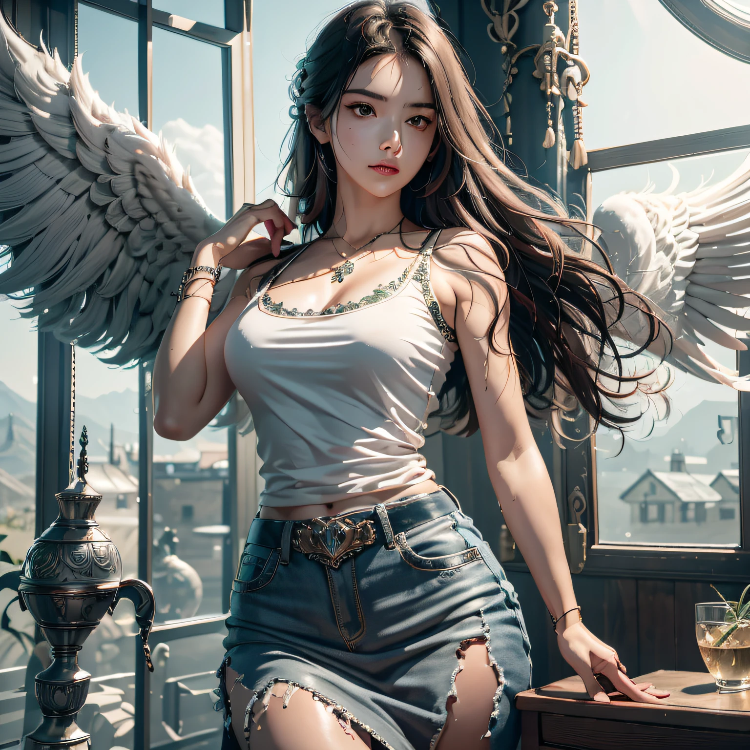 UHD, anatomically correct, retina, super detail, award winning, best quality, high details, textured skin, masterpiece, ccurate, high quality, highres, 8k，1girl in, 独奏, offcial art, unity 8k wall paper, ultra - detailed, prettify、Aesthetic, tmasterpiece, top-quality, Photorealsitic, A female angel、It has 6 large white wings on its back:2.0、Wings of a bird of prey、Blazing Angel、Silver armor:2.0、Silver gauntlet、Silver Solette、White fabric、Hair ornaments with small wings、Valkyrie、Very large wide sword、Glowing angel circle、angelic halo:2.0、Light magic、depth of fields, Fantastic atmosphere, calm color palette,  Soft Shading、You can see the forest in the distance、See remote mountain castles、ellegance、Full body like、busty figure、Large full breasts、wide waist、Floating in the air:2.0、Flying in the sky:2.0、Fry high in the air、Sky on the steppe、You can see the castle on the hill in the distance