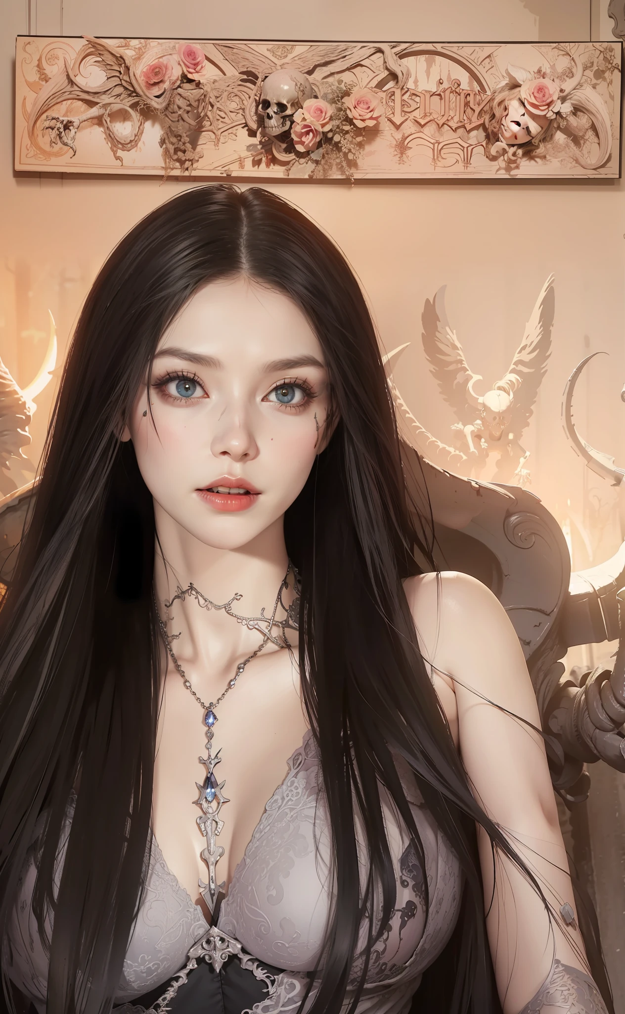 Fine matte painting, skeleton dark angel big wings haunted castle on drawing table full of knives, horror, spookiness, scary, secret horror, tentacles, vines, eyes, uncanny valley effect teeth, limbs, animals, blood moon,wedding gown,offcial dress,Weddings,mouth close,The eyes are cold,Redlip,