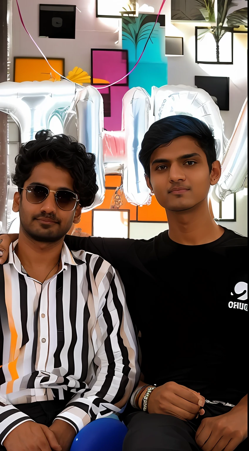 there are two men sitting on a couch with balloons in the background, jayison devadas, candid picture, ghutra and egal, * colour splash *, profile pic, casual photography, cute boys, candid photo, desaturated!!, black & white, photoshopped, friendship, old picture, photo taken in 2 0 2 0, shot on nikon z9, profile picture