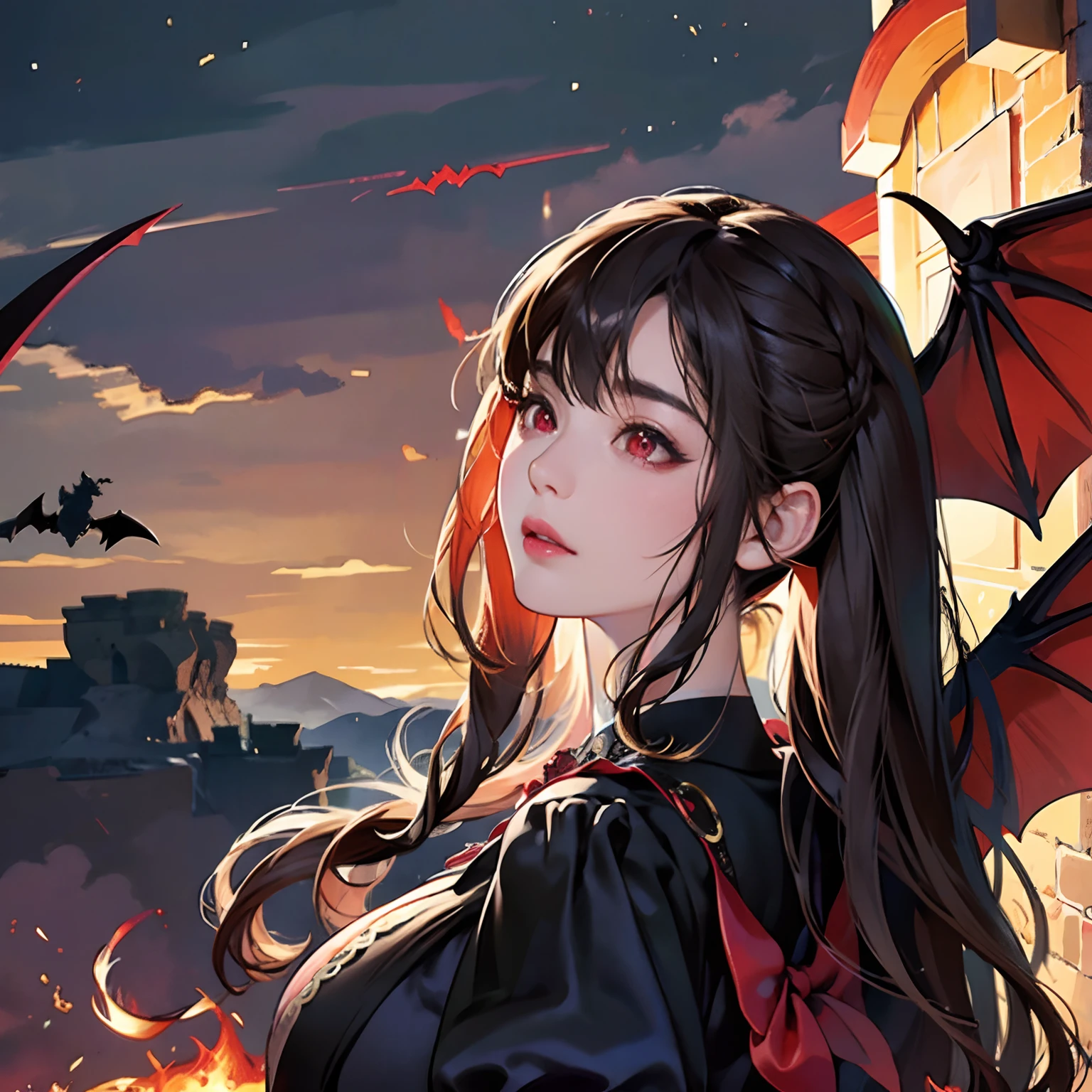Women in Their 20s, 独奏, offcial art, unity 8k wall paper, ultra-detailliert, beautifly、Aesthetic, ​masterpiece, top-quality, Photorealsitic, a female demon、Succubus、big-headed sheep horns,、Braids、red eyes、very huge bat wings on the back:2.0、Black bat wings:2.0、demonic wings、Costume with a chain、Collar with a leash、Costume skull mark、Have a big silver knife:2.0、depth of fields, Fantastic atmosphere, Calm palette, tranquil mood, Soft shading、Heavy dark clouds and lightning、Desolate landscape、Rock Mountain、cliff、Hordes of bats in the sky、bbw、very large breast、plump figure、dark themed、Flame magic、full bodyesbian:1.5