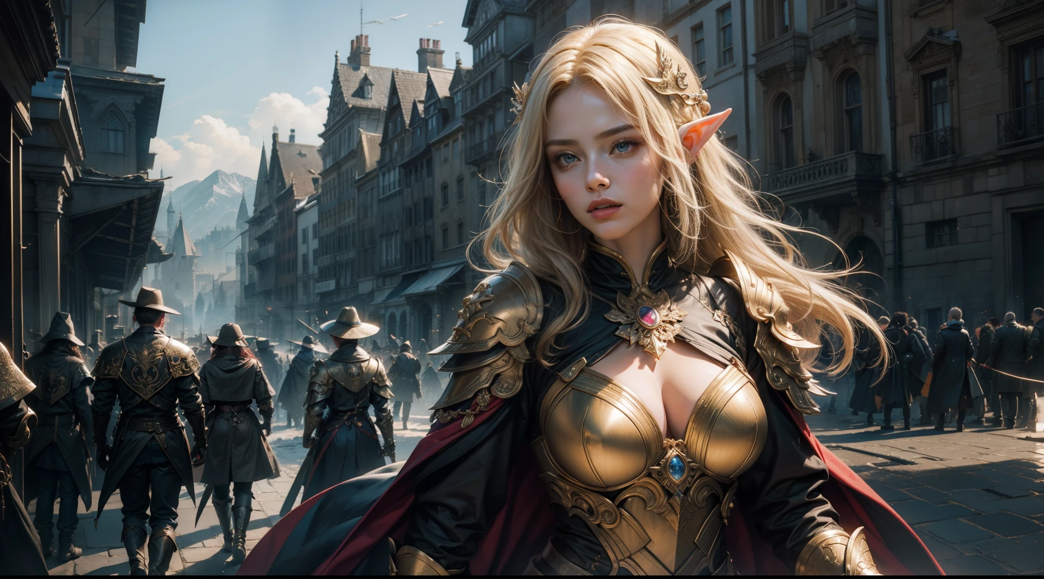 tmasterpiece,top-quality,best qualityer,offcial art,Beauty and aesthetics:1.2),(tmasterpiece:1.3), (8K, realisticlying, RAW photos, best qualtiy: 1.4), beauitful face, (photorealiscic face),超高分辨率, Ultra photo realsisim, highly detailed, the golden ratio, (Award-winning digital artwork:1.3) af (sketching:1.3),(with dynamism:1.3),(Saturation:1.3),(Close portrait:1.3),illusory engine, (High detail: 1.9),(femele:1.4),(big breasts beautiful: 1.4),(carismatic:1.3),female elf,Large breasts,upperbody shots,dramatics,Armour,The background is the castle,