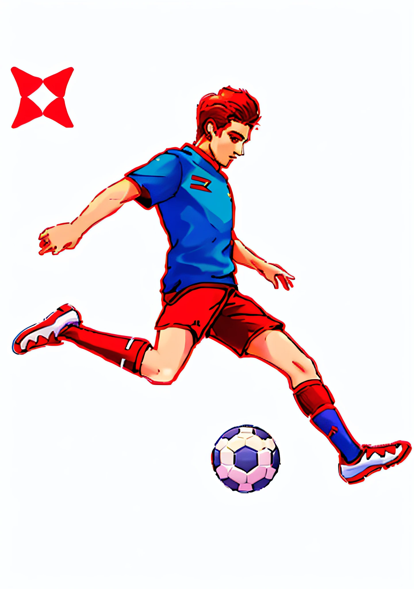 A soccer player should have red short sleeves,blue short pants,White socks
