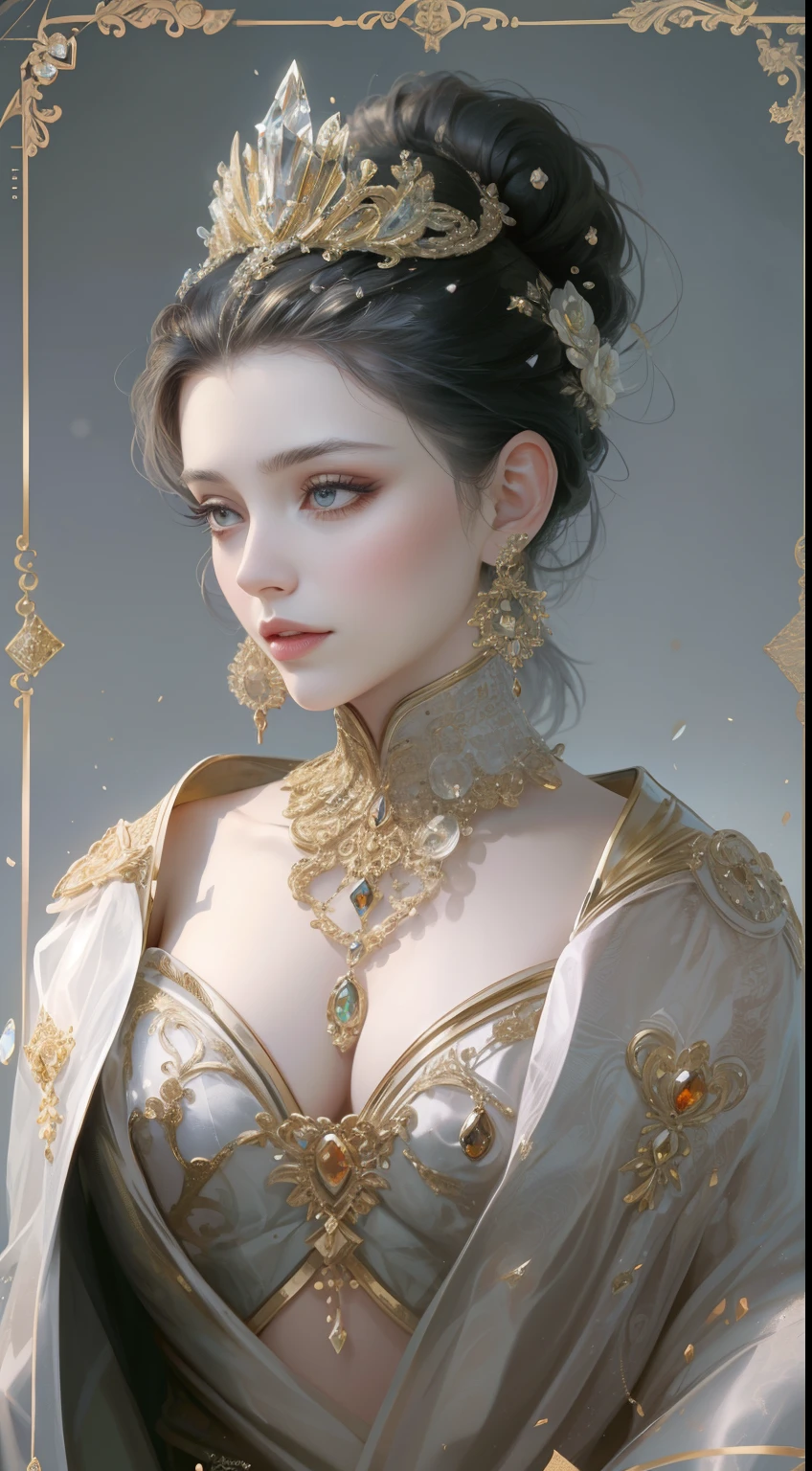tmasterpiece，Highest high resolution，Dynamic bust of beautiful aristocratic maiden，Black coiled hair，Amber clear eyes，The hair is covered with beautiful and delicate floral craftsmanship, Crystal jewelry filigree，Ultra-detailed details，upscaled。
