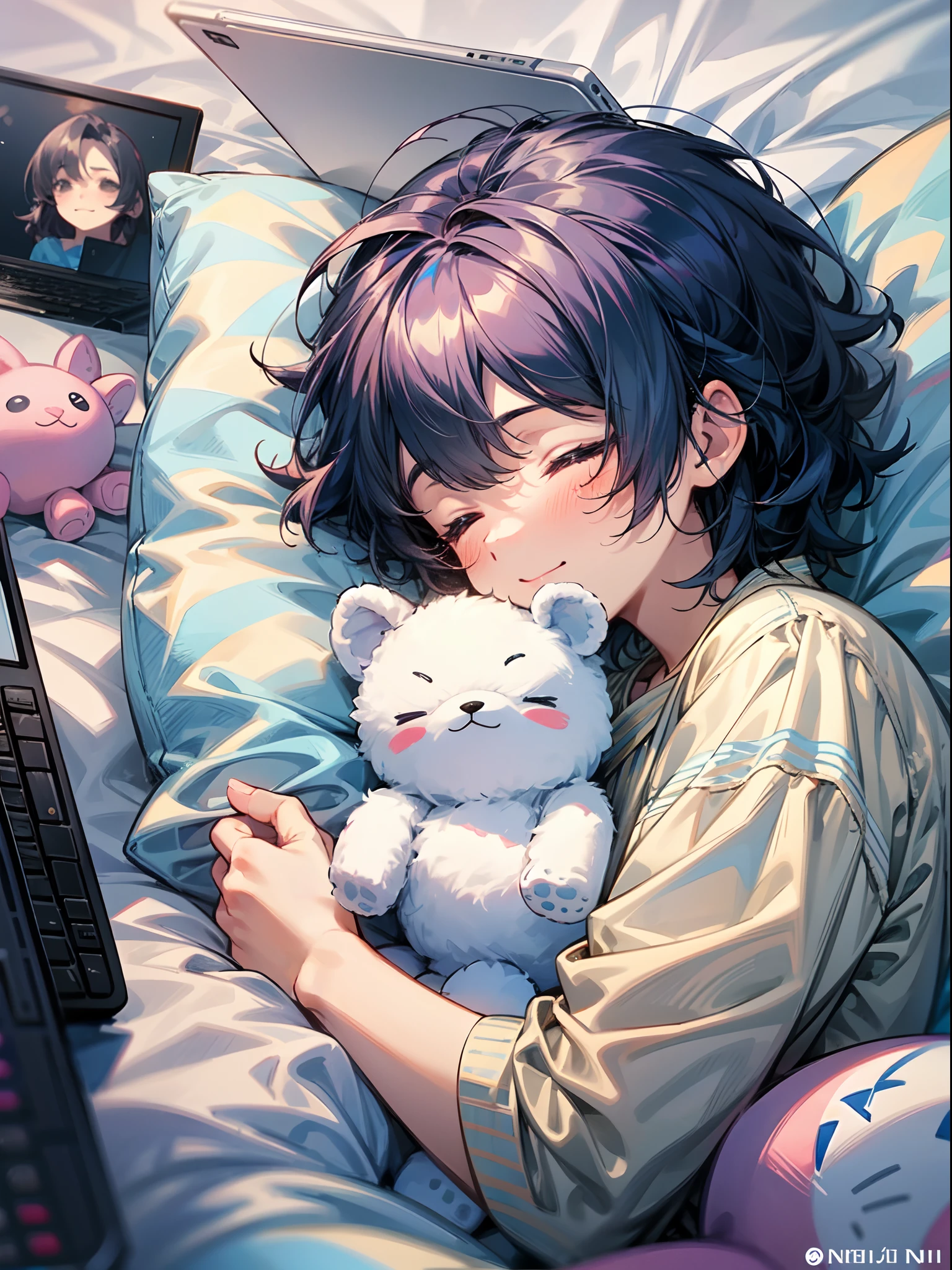 photoRealstic、Drawing of a cute boy sleepy on a bed, laptop on ((holding many soft toys)),niji,cute ,calm, happy expressions,、cuddle with fluffy Softoy