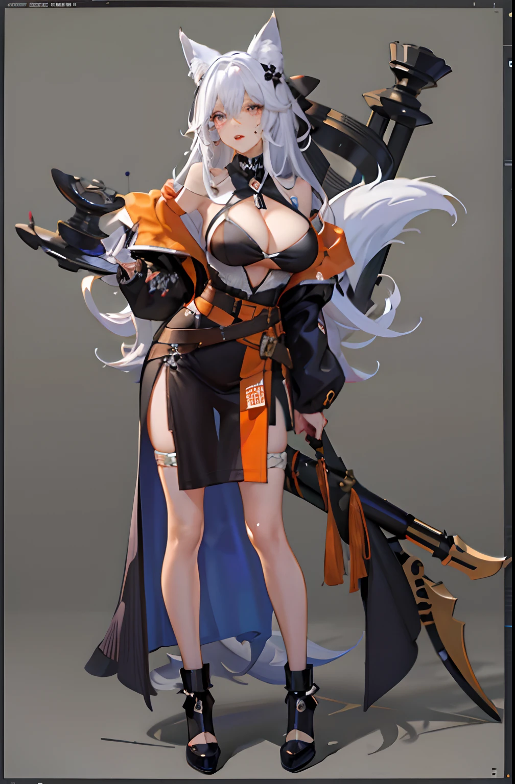 1girll， NSFW， tmasterpiece， Best quality at best， Slim girl with hourglass body and huge breasts， 独奏， prette， adolable， Shy girl， The girl reveals attractive breasts， boobgasm，long whitr hair， White color hair，Blue pick dye， Orange eyes， Detailed eyes， beautidful eyes， finely-detailed eyes，Hourglass body， Voluptious body， Correct anatomy， Correct limbs，gigantic cleavage breasts，juicy lips，Fox ears，jaket，exposed bare shoulders，Clear  eyes，black hair band，Orange belt，Broken stockings，Open-mouthed，Stick out her tongue，Drooling at the corners of the mouth