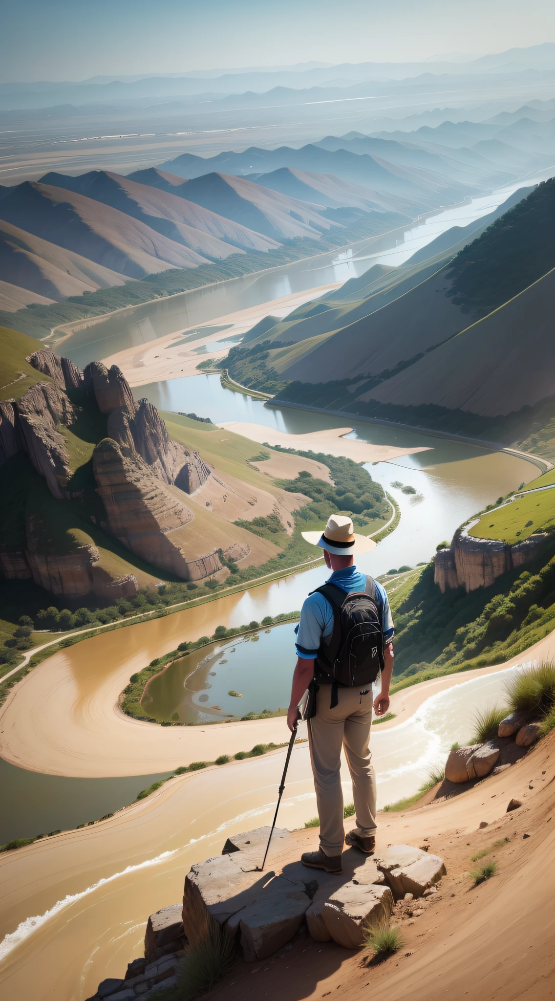 A man stands on the top of a hill,On the left is the yellow river,On the right is the blue river