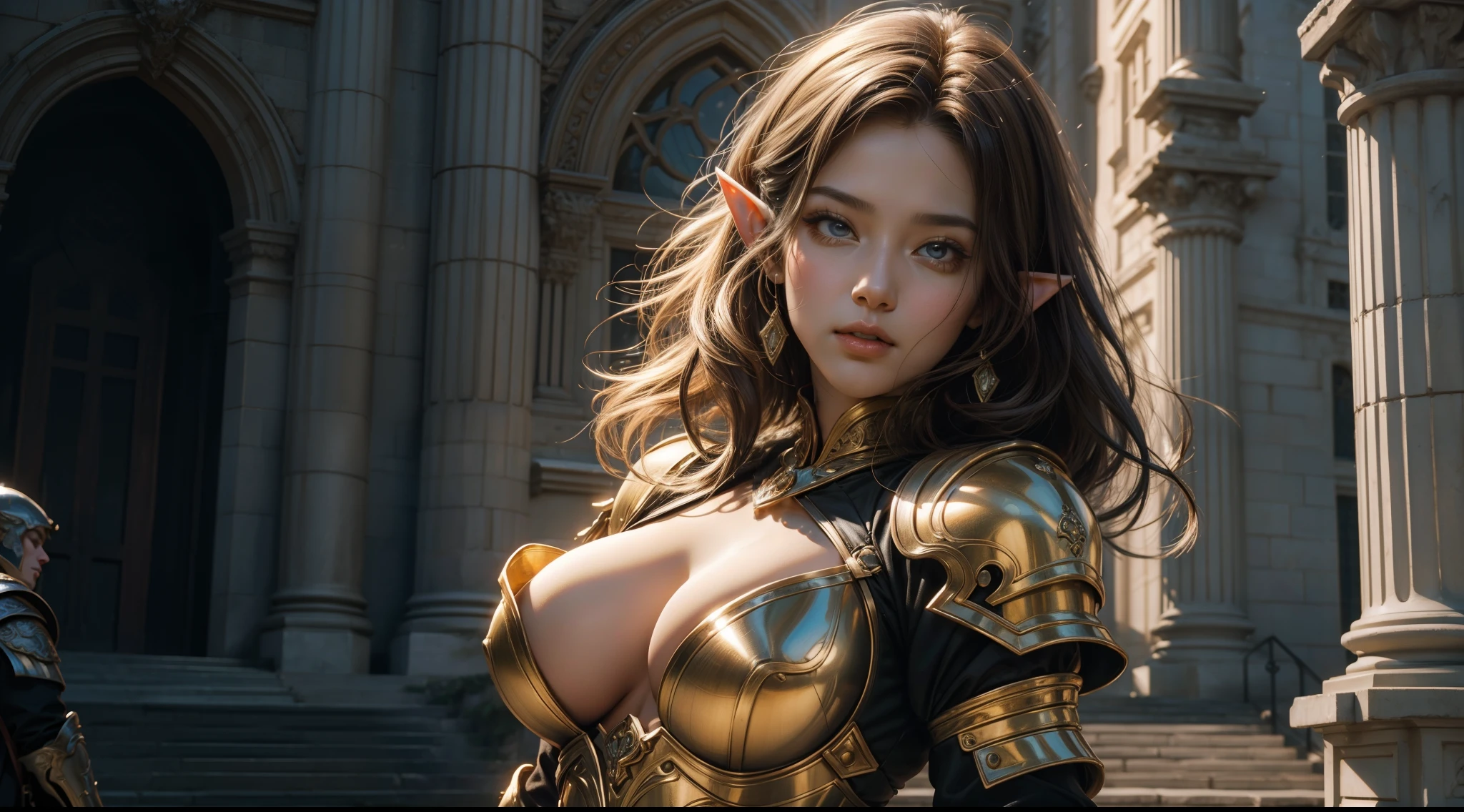 tmasterpiece,top-quality,best qualityer,offcial art,Beauty and aesthetics:1.2),(tmasterpiece:1.3), (8K, realisticlying, RAW photos, best qualtiy: 1.4), beauitful face, (photorealiscic face),超高分辨率, Ultra photo realsisim, highly detailed, the golden ratio, (Award-winning digital artwork:1.3) af (sketching:1.3),(with dynamism:1.3),(Saturation:1.3),(Close portrait:1.3),illusory engine, (High detail: 1.9),(femele:1.4),(big breasts beautiful: 1.4),(carismatic:1.3),female elf,Large breasts,upperbody shots,dramatics,Armour,The background is the castle,