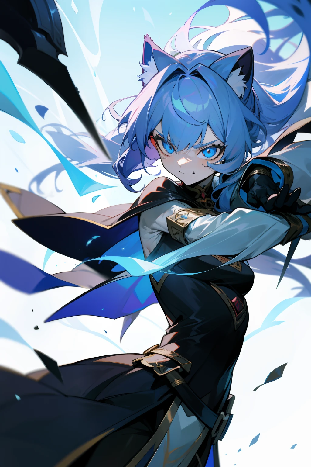 Silver-haired girl sticks out her arm and tries to activate magic, Long hair fluttering in the wind. Despite his appearance around 12 years old, She is young々He has an evil smile that betrays his innocence.. At her side a huge black wolf braces itself to protect her, She radiates an aura of terrifying power. Its eyes shine with wisdom and anticipation of the fierce struggle that is about to begin.. The girl herself is equipped with a slender sword at the waist, Testament to her readiness for battle. It exudes enormous magical power., She is a hero-class mage. The enemy is also so difficult that it is called a god.、As it approaches, She smiles ferociously at the anticipation of the battle ahead.. With the combination of her mighty magic and hero-grade swordsmanship,, We are determined to protect what we hold dear., Excited and bracing for an imminent threat.