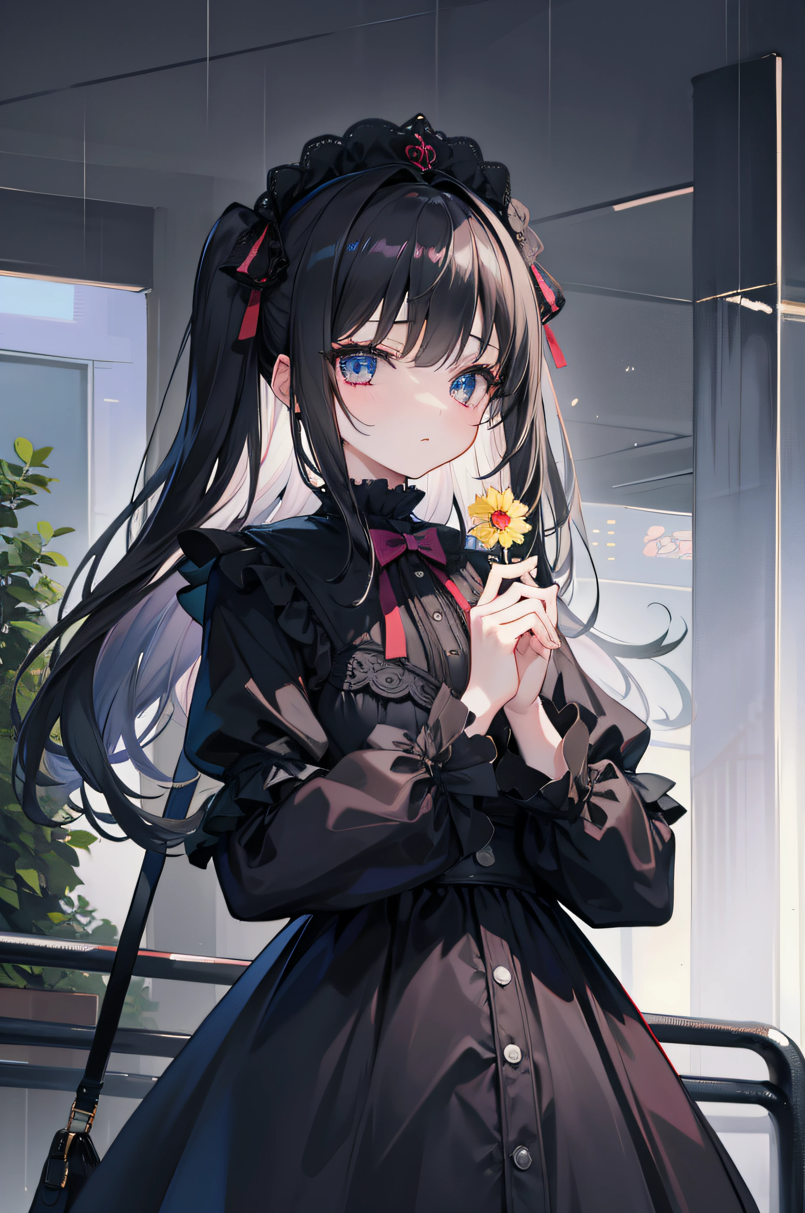 1girl wearing black ta，the night，城市，downpours