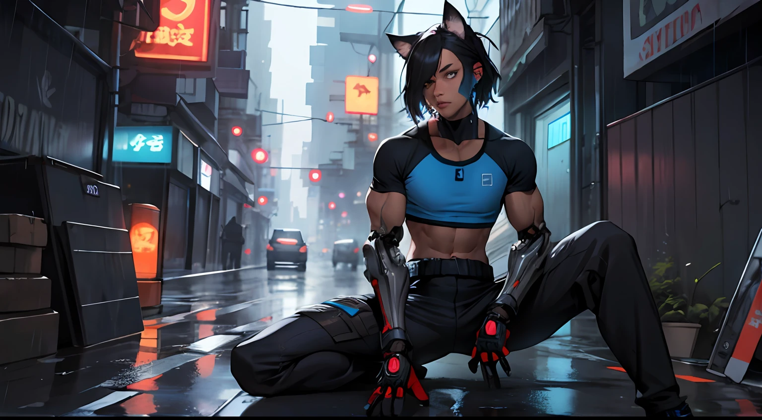 1girl, black hair, gym, athletic, robot, animal ears, large assault rifle, neon, kitana, noir, mystery, thick waist medium breast, muscular, tomboy, cyberpunk, nekomata, warrior, sexy outfit, looking at viewer, anime, realistic, rainy night city, dark skin, sitting on building roof, black and blue colors, high quality